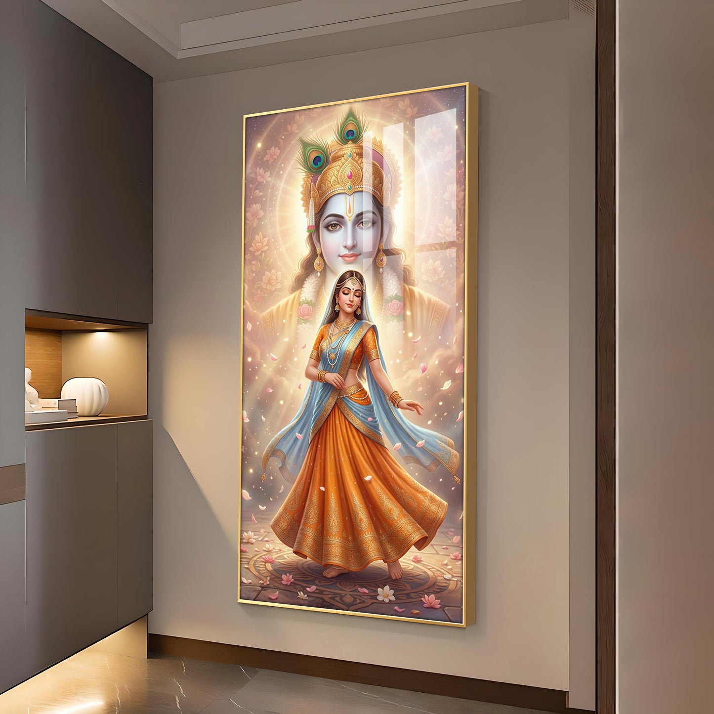 Radha With Shri Krishna Glass Finish Vertical Wall Art