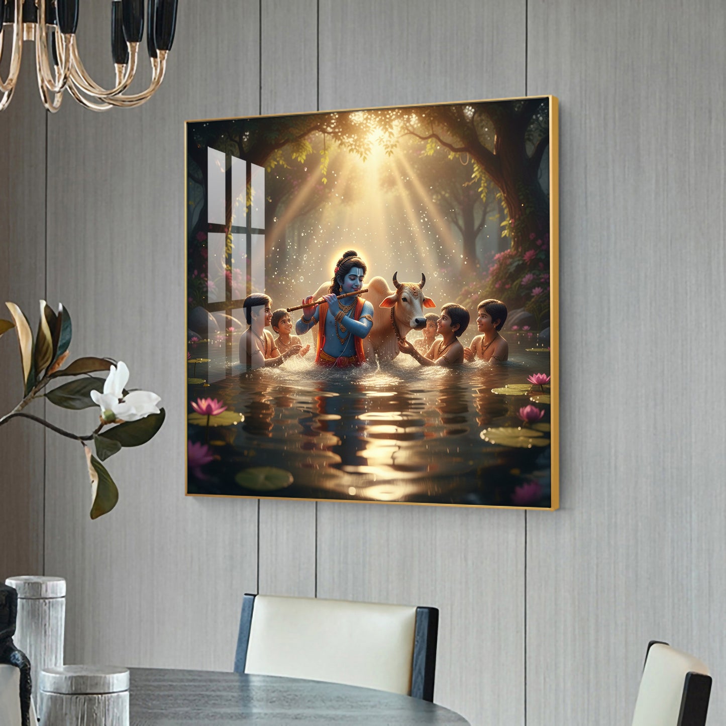 Little Krishna With Sakha Glass Finish Square Wall Art