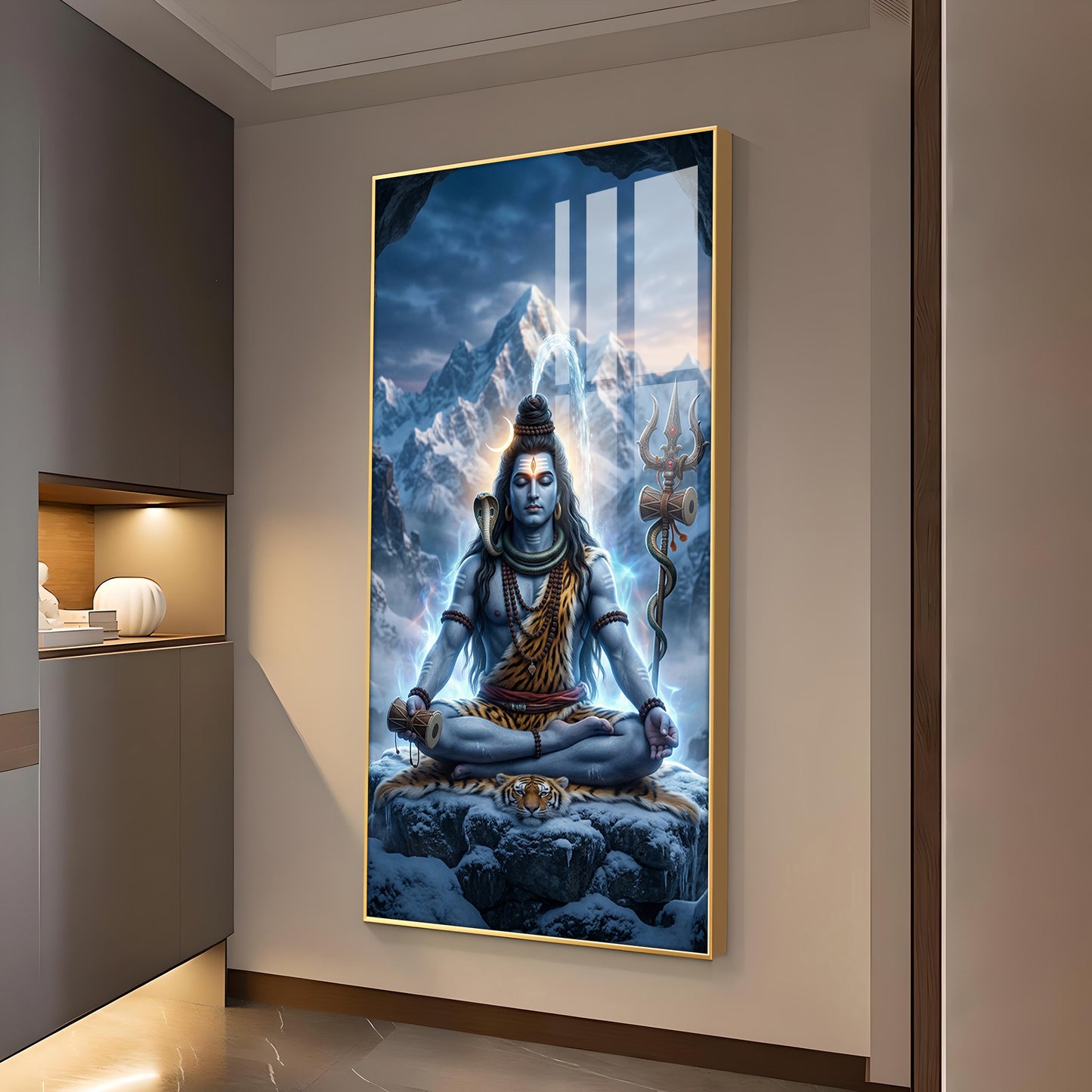Hindu lord Shiv Glass Finish Vertical Wall Art
