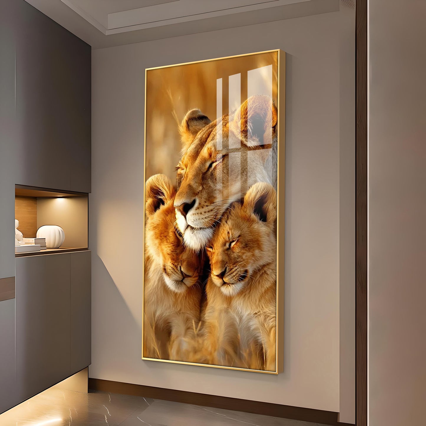 Lioness Cub Cuddling Glass Finish Vertical Wall Art