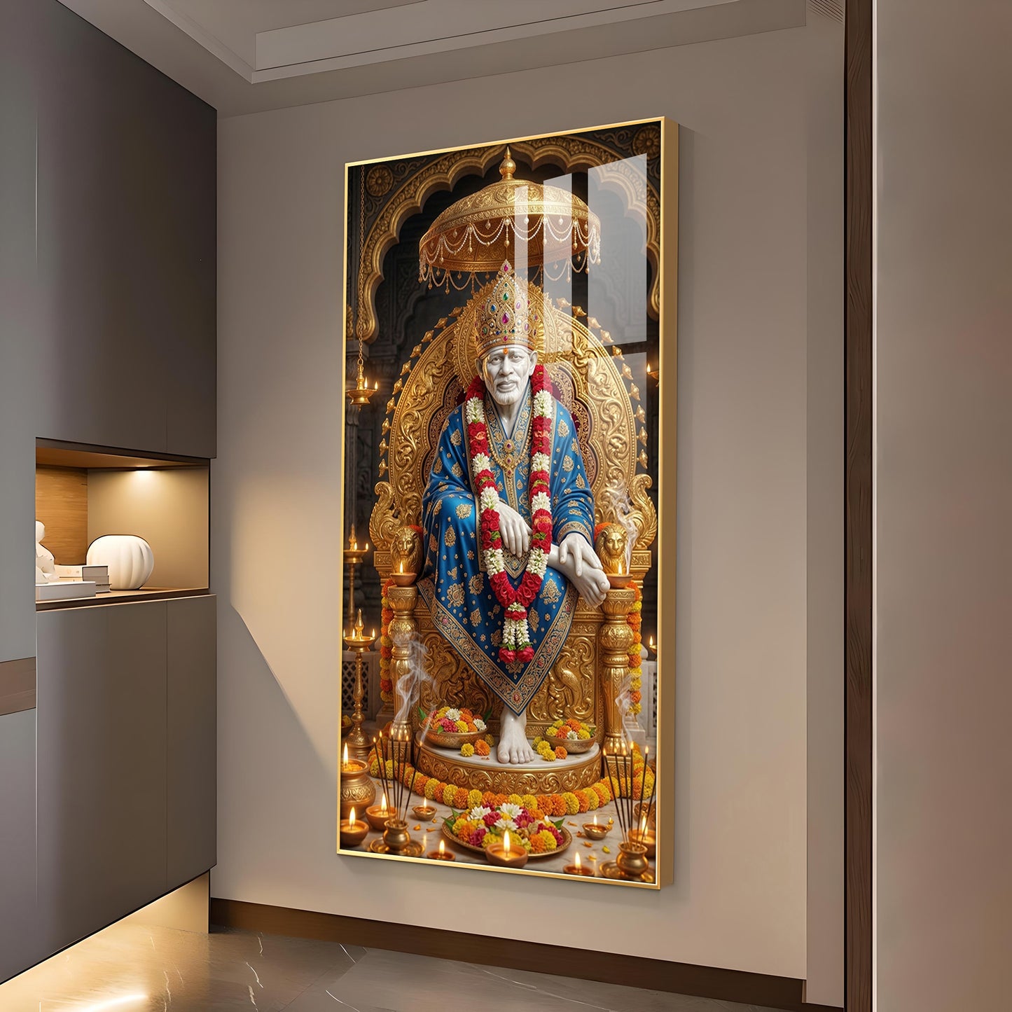 Shridi Sai Baba Glass Finish Vertical Wall Art