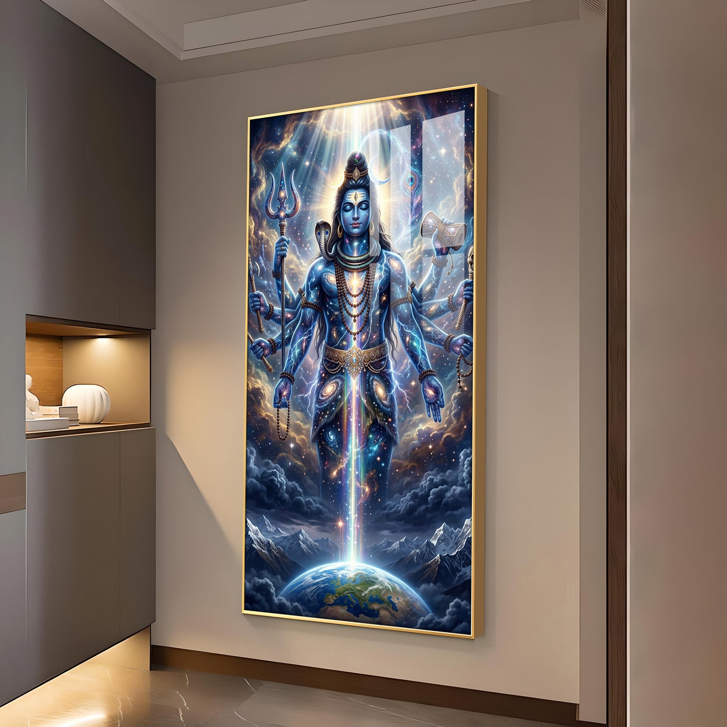 Lord Shiva and Cosmic Energy Glass Finish Vertical Wall Art