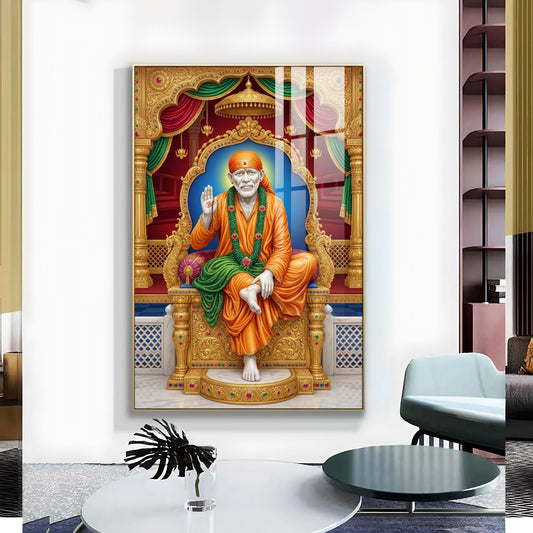 Sai Baba Religious Glass Finish Vertical Wall Art