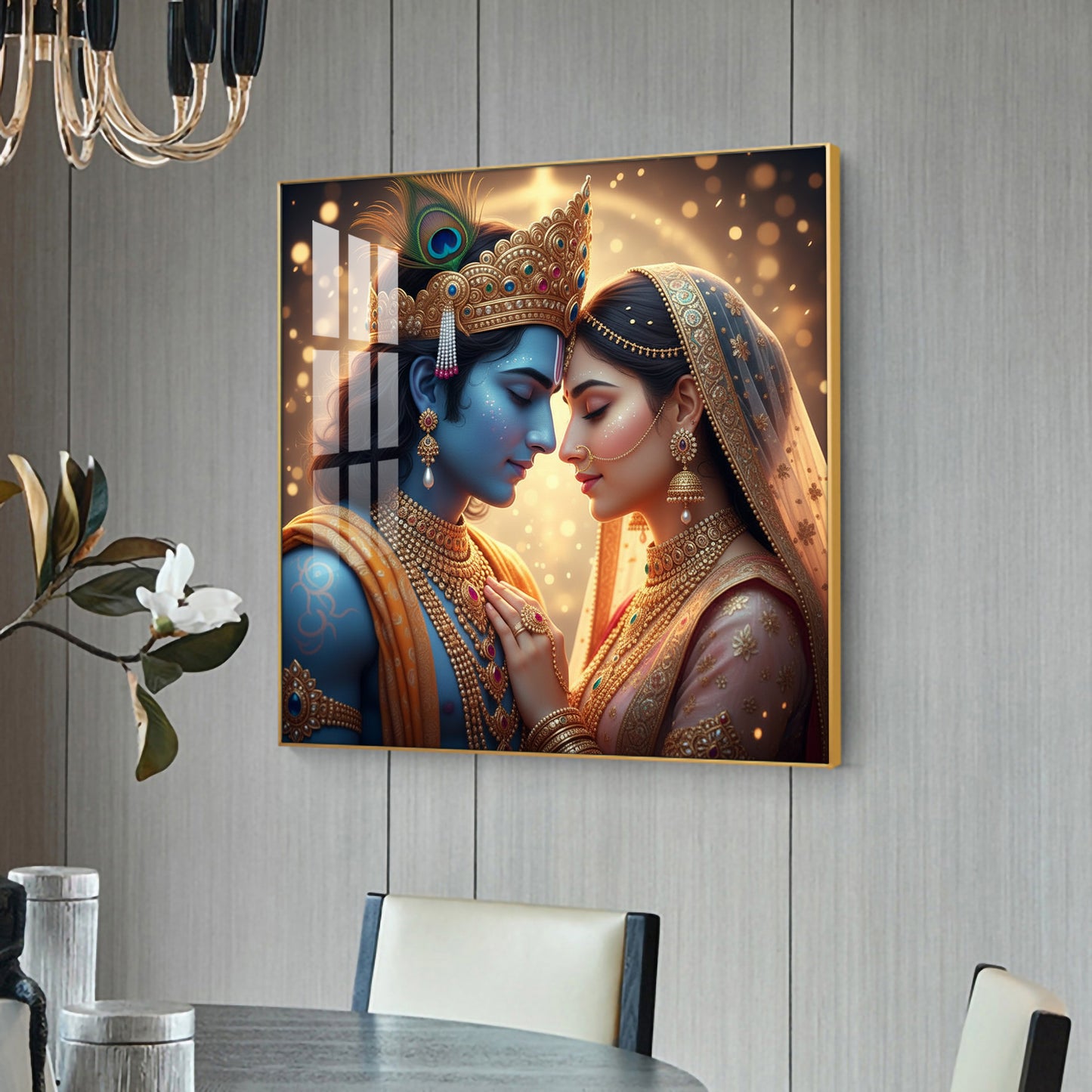 Loving Radhe Krishna Glass Finish Square Wall Art