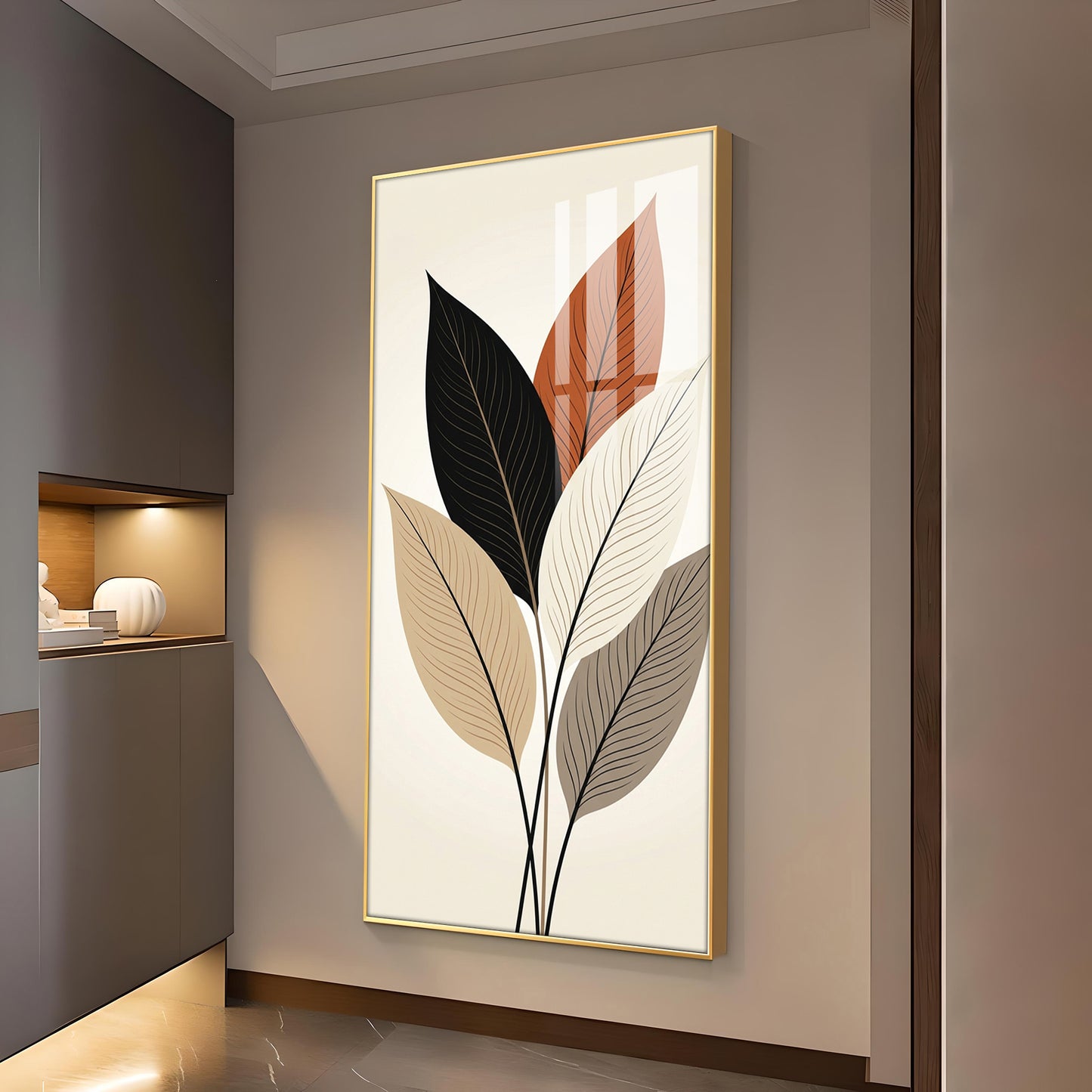 Colored Leaf Glass Finish Vertical Wall Art