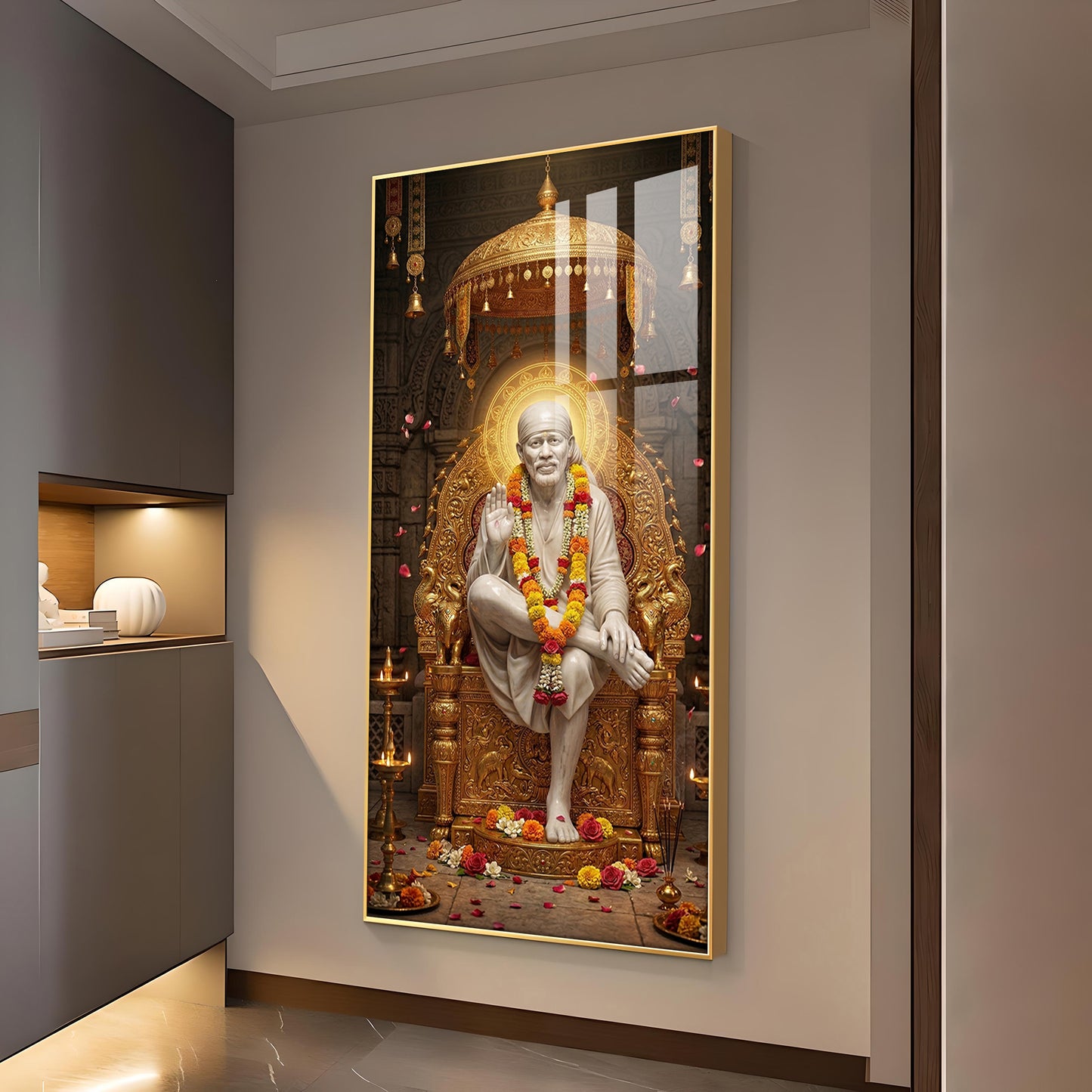 Sai Baba Darbar Glass Finish Vertical Wall Art