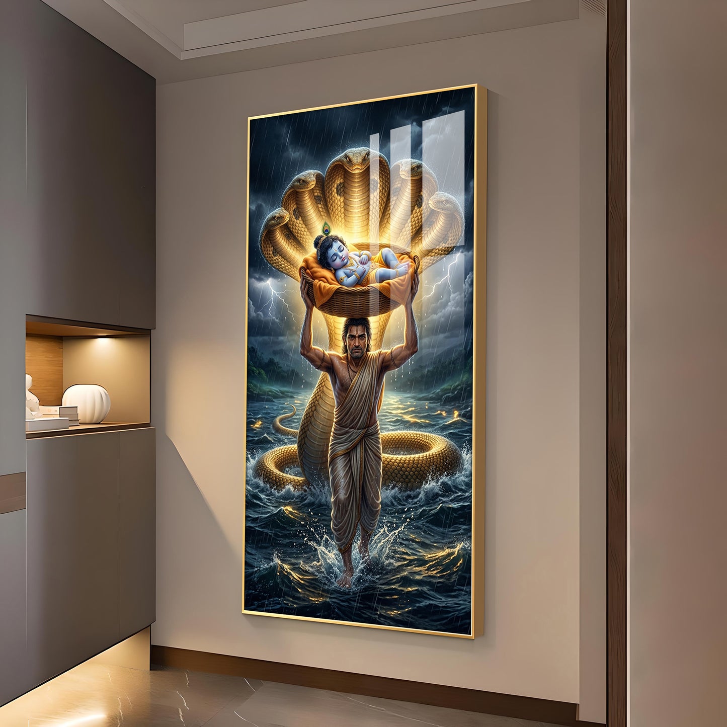 Lord Krishna with Vasudeva Glass Finish Vertical Wall Art