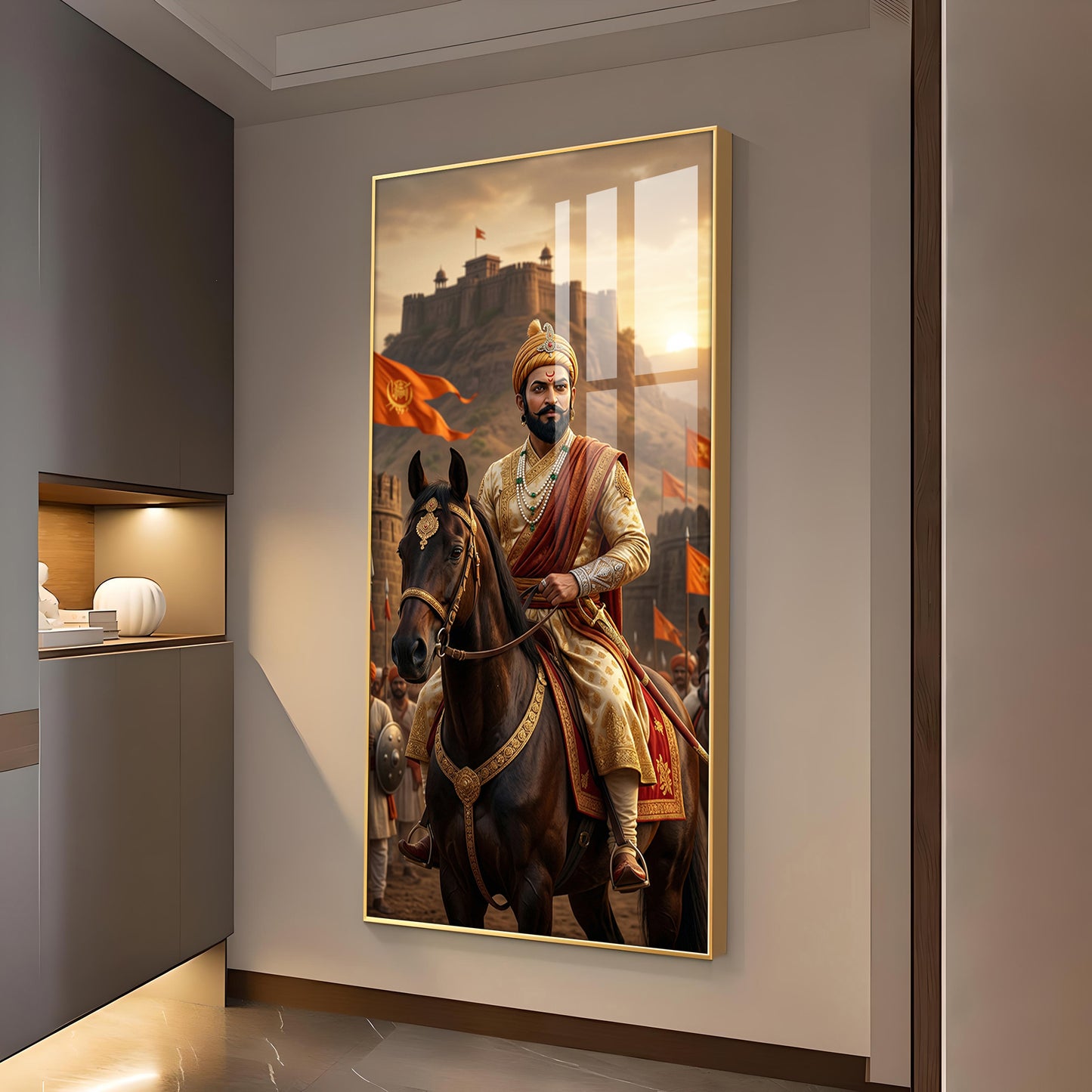 Victorious Chhatrapati Shivaji Maharaj Glass Finish Vertical Wall Art