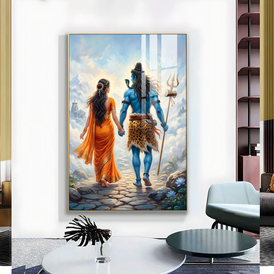 Divine Shiv Ji & Parvati Glass Finish Vertical Wall Art
