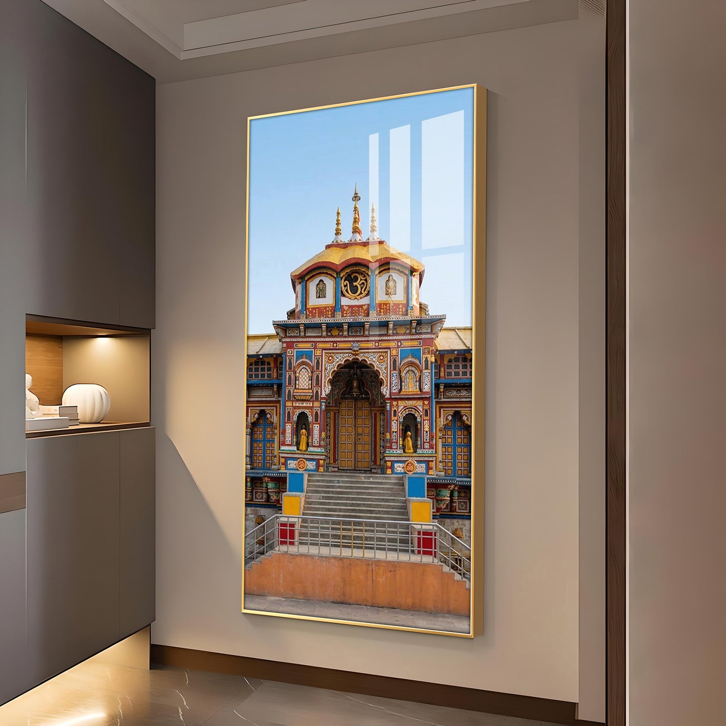 Badrinath Temple Glass Finish Vertical Wall Art