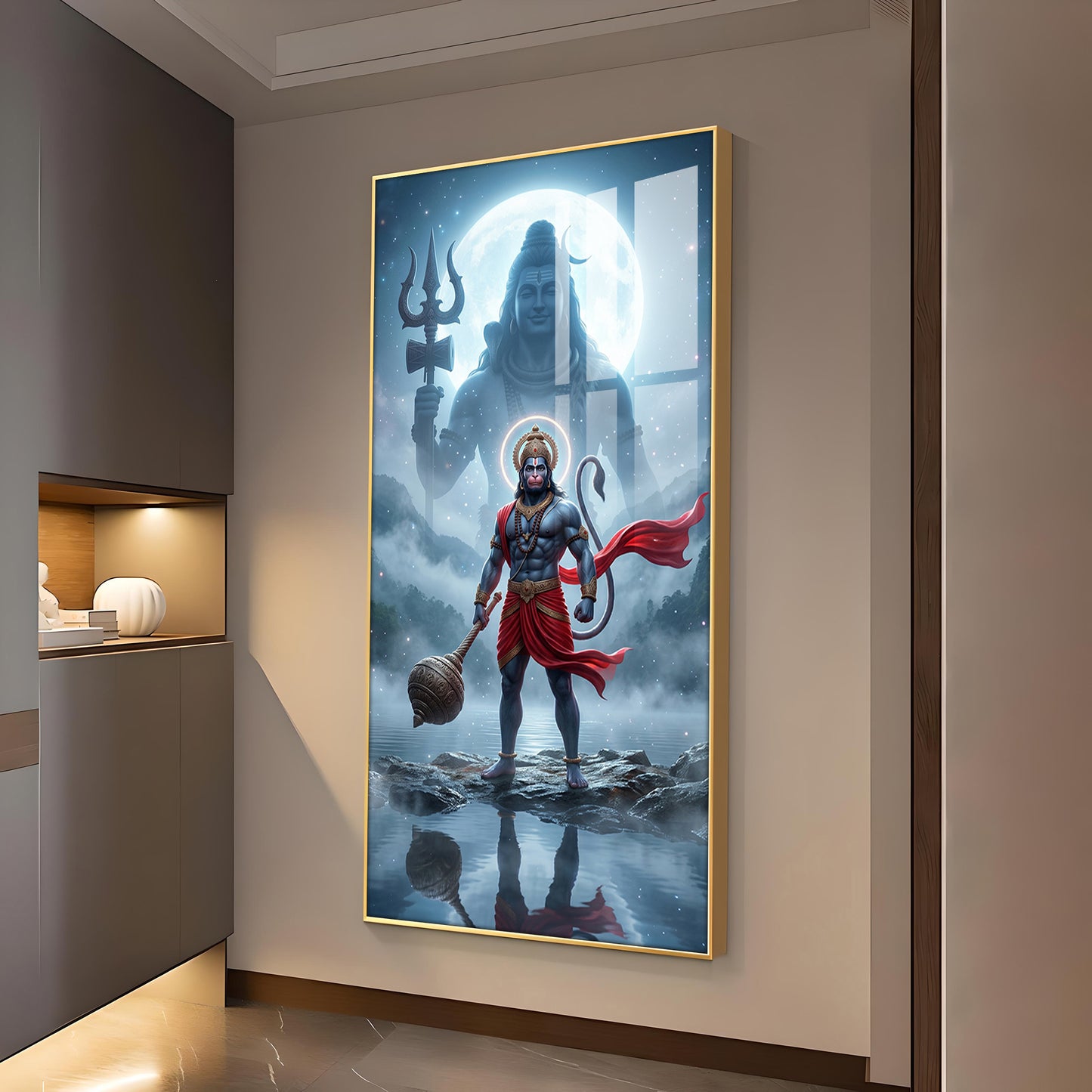 Hanuman Ji and Shiva Ji Glass Finish Vertical Wall Art