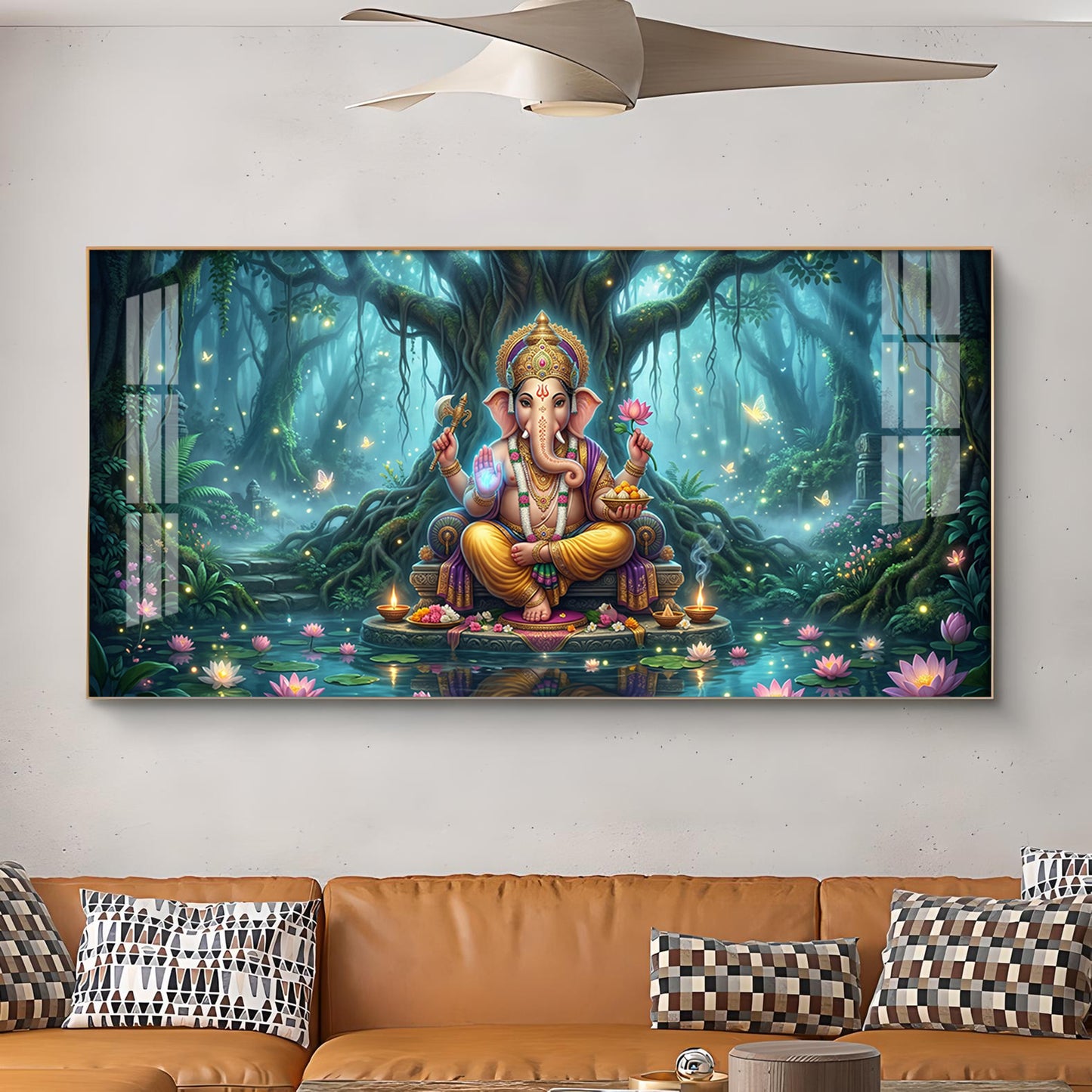 Lord Ganesh Divine Aura Glass Finish Horizontal Wall Art