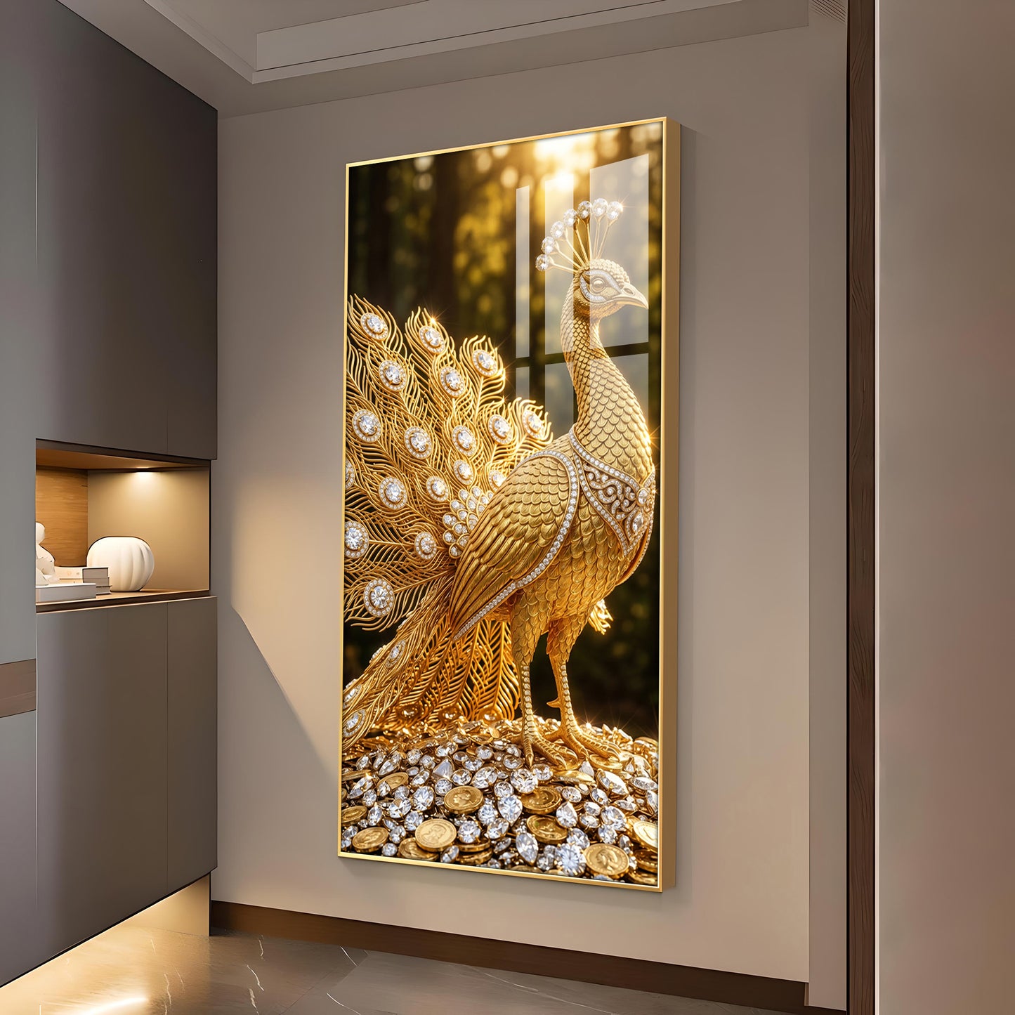 Golden Peacock Glass Finish Vertical Wall Art