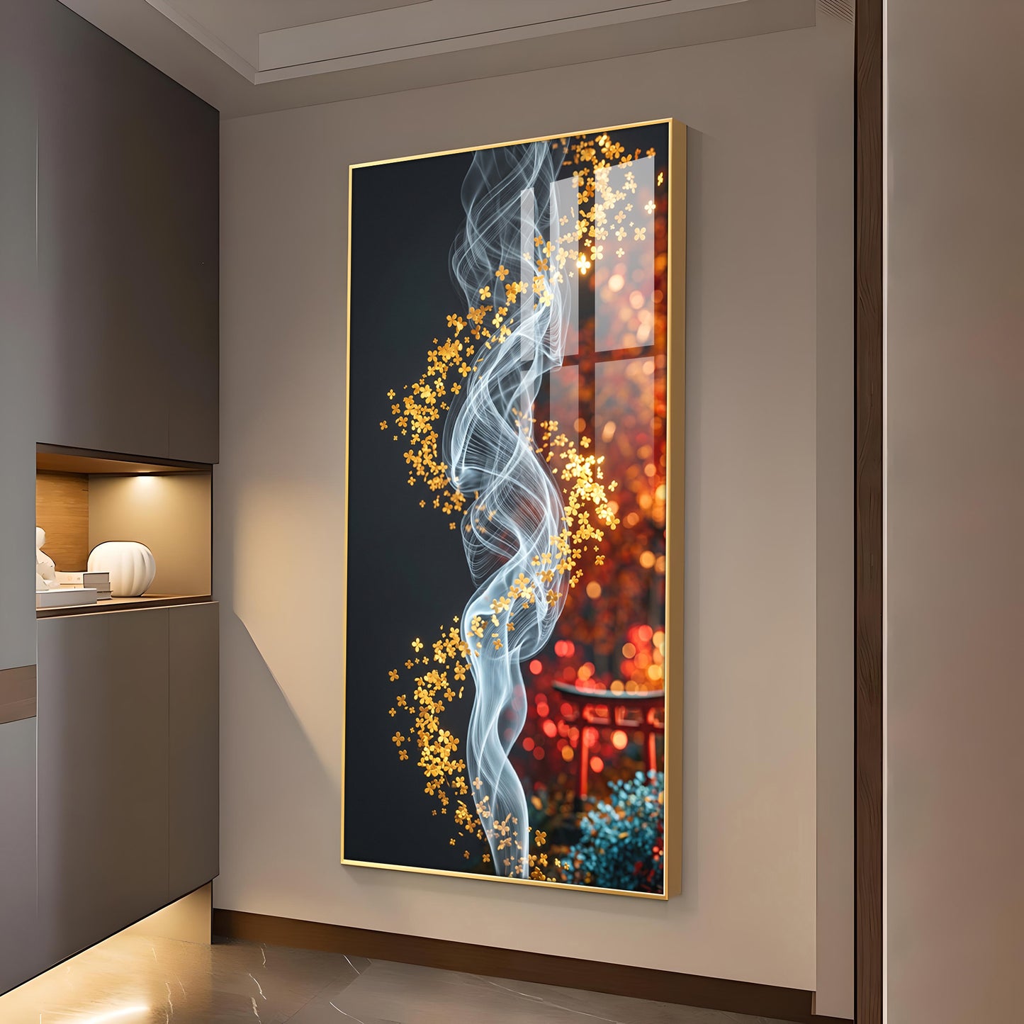 Whispers of Golden Bloom Glass Finish Vertical Wall Art