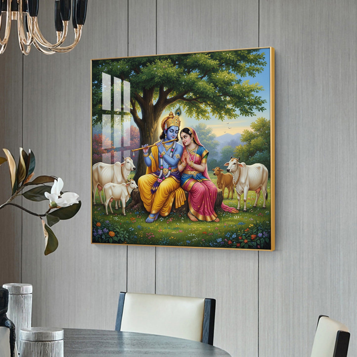 Radha Krishna With Cow Glass Finish Square Wall Art