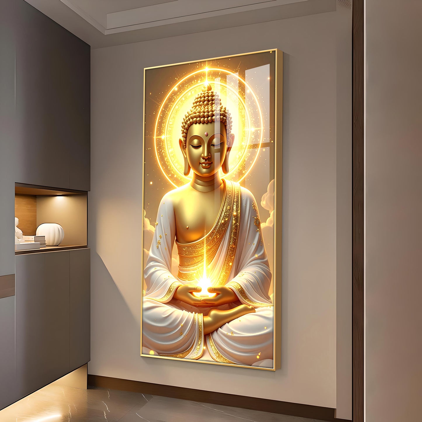 Buddha's Golden Horizon Glass Finish Vertical Wall Art