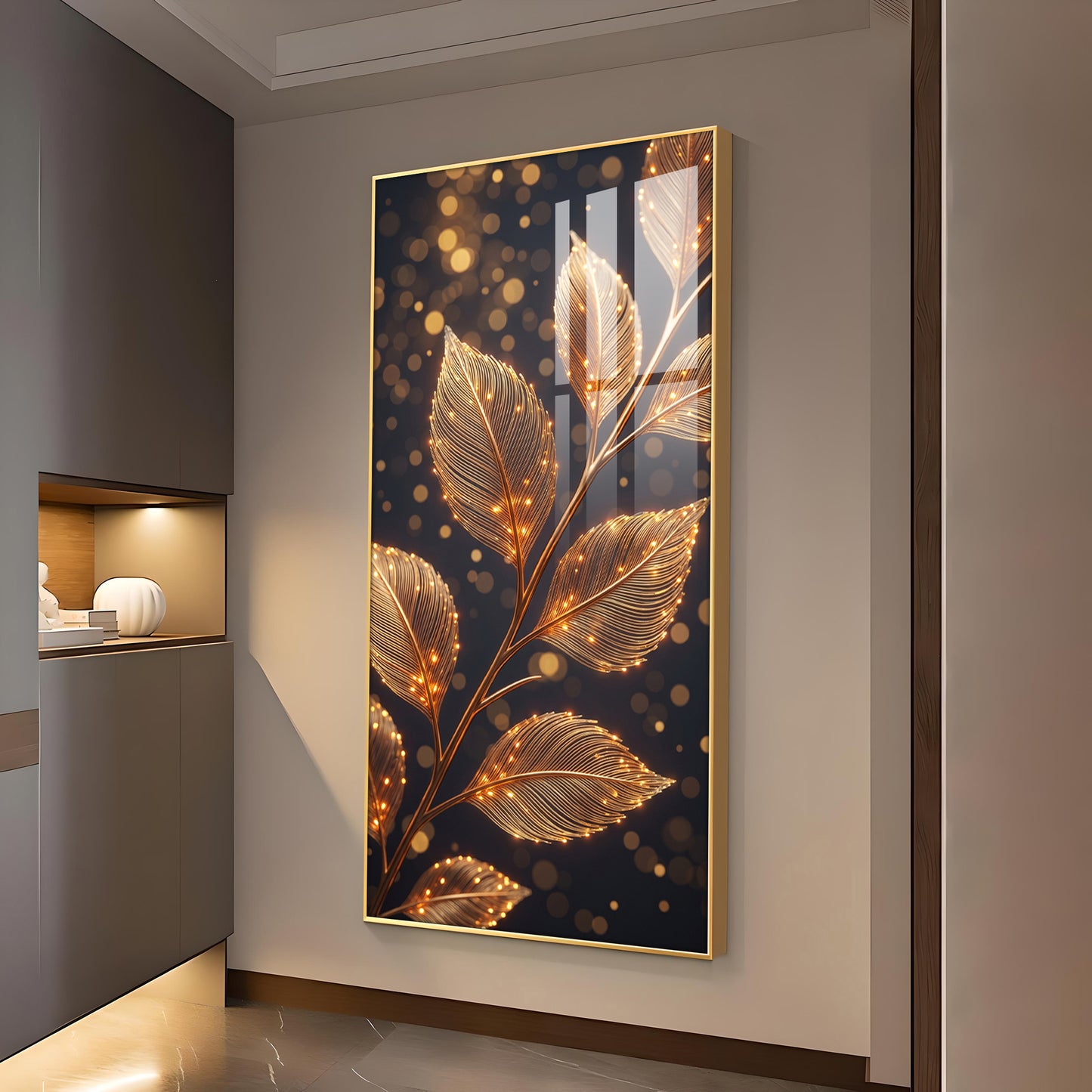 Sparkle Gold Foliage Leaves Glass Finish Vertical Wall Art