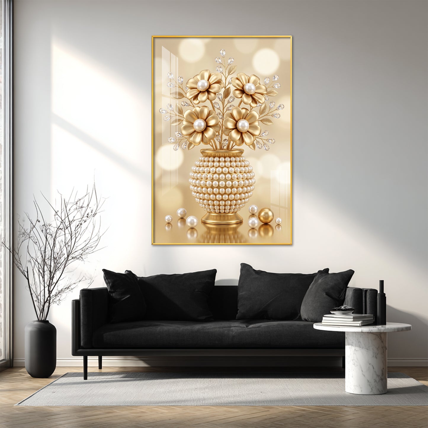 Golden Flowers With Vase Glass Finish Vertical Wall Art