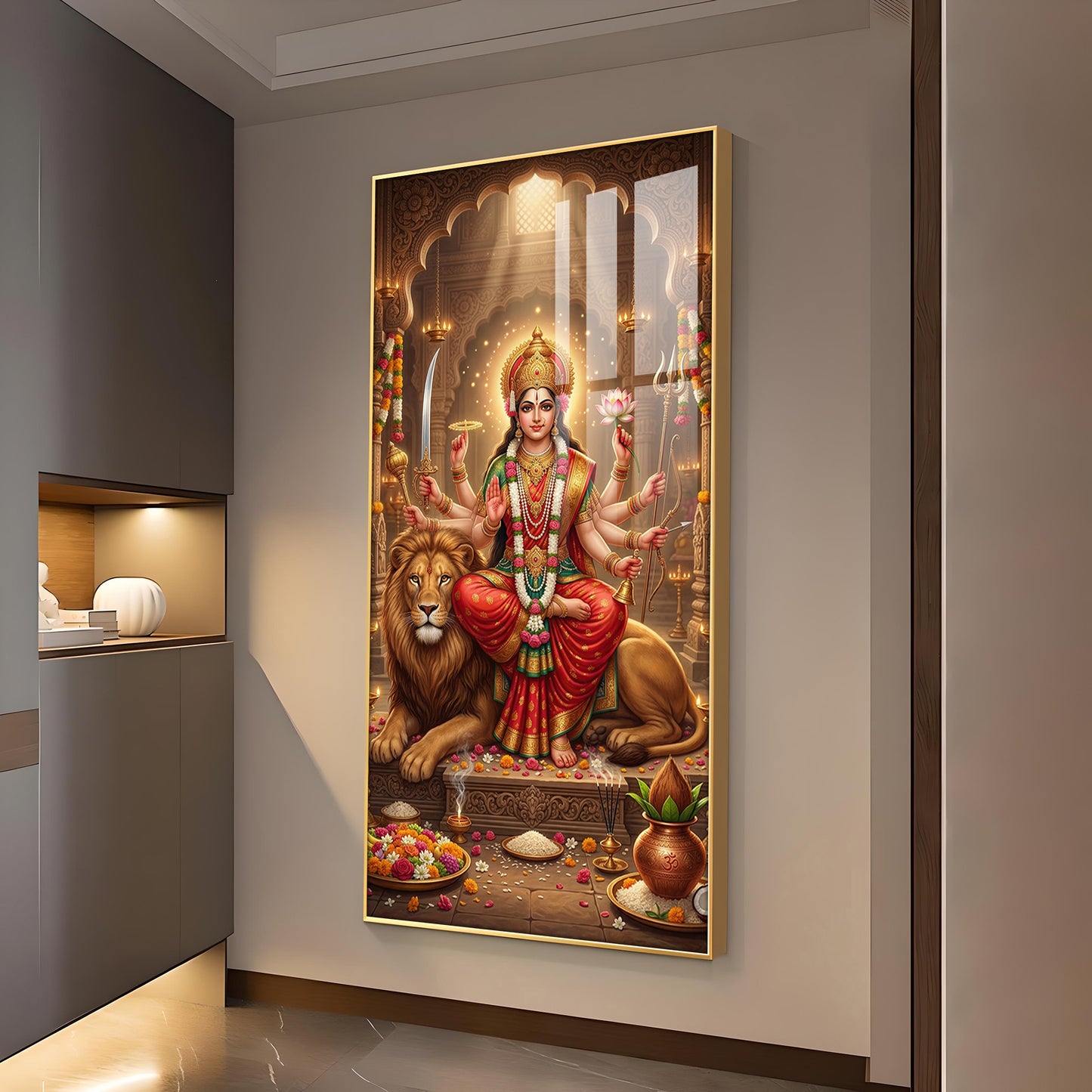 Durga Maa Glass Finish Vertical Wall Art