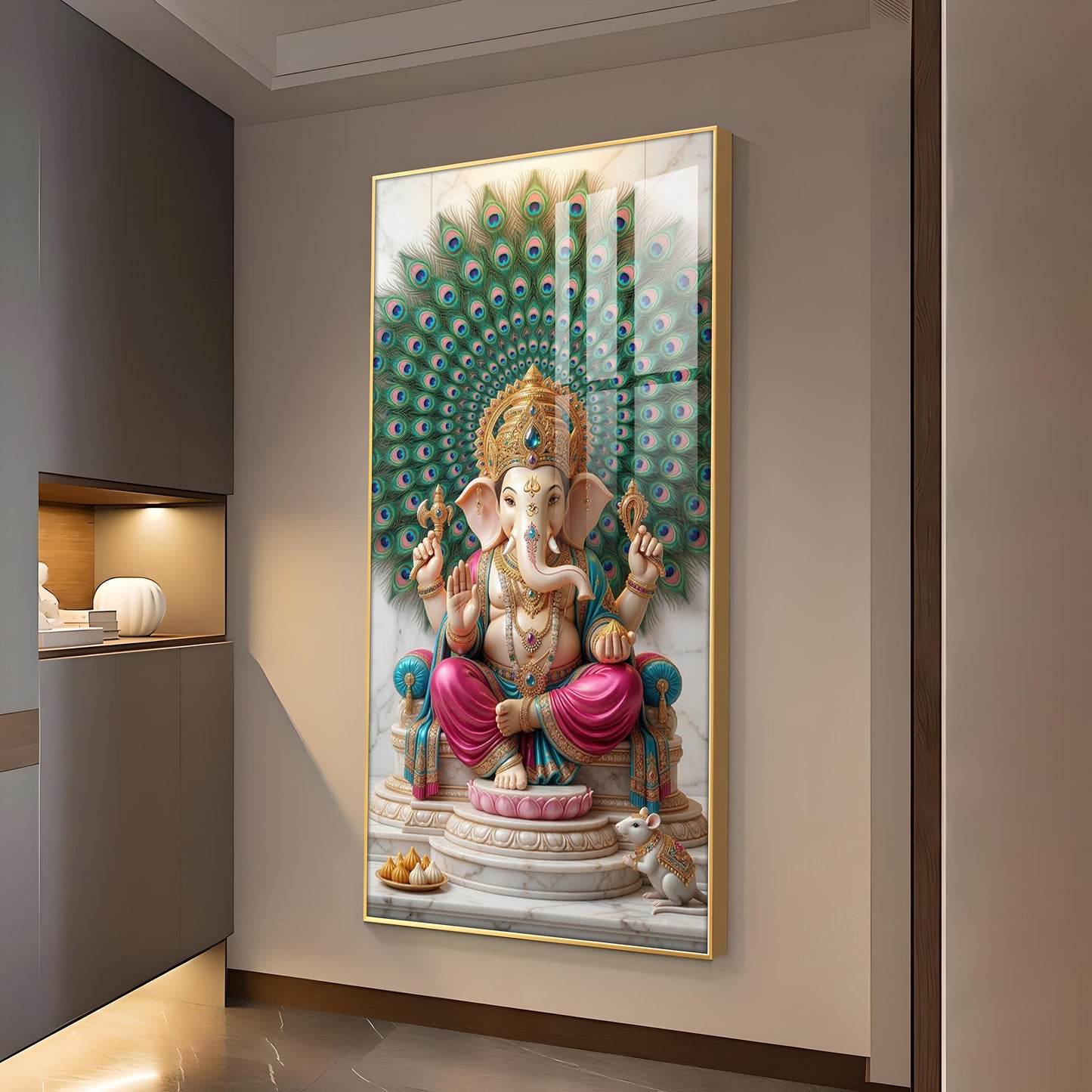 Lord Ganesha Glass Finish Vertical Wall Art