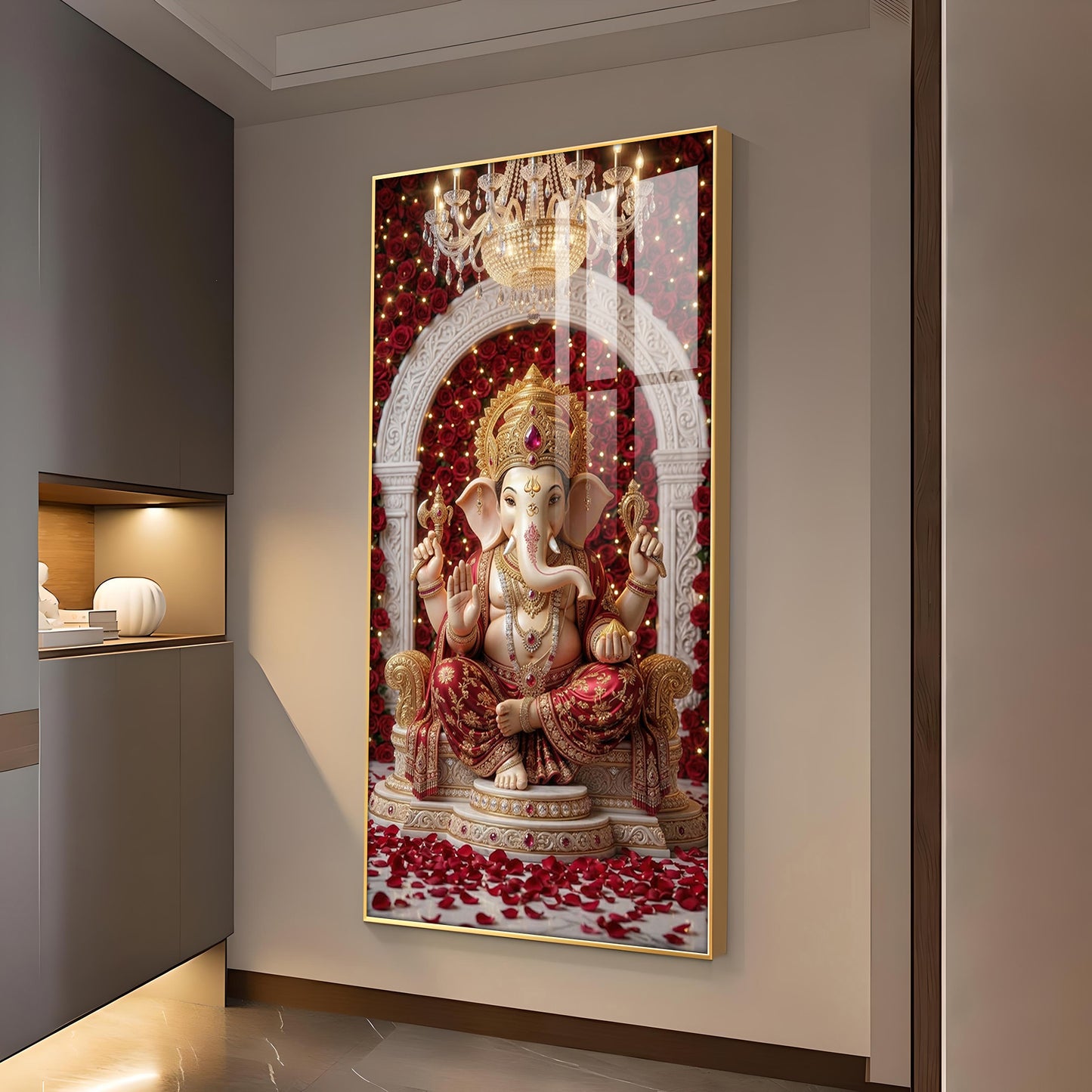 Divine Shree Ganesh Glass Finish Vertical Wall Art