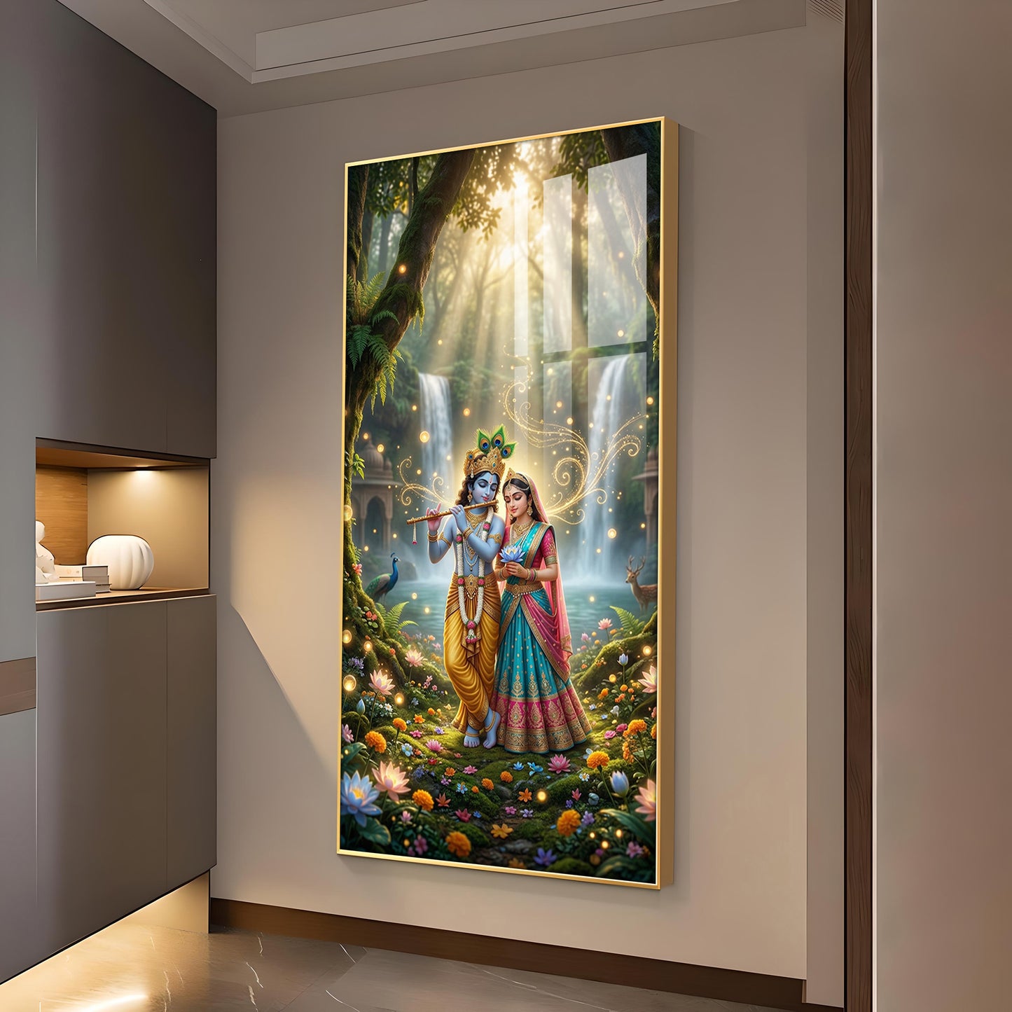 Beautiful Radha Krishna Divine Love Glass Finish Vertical Wall Art