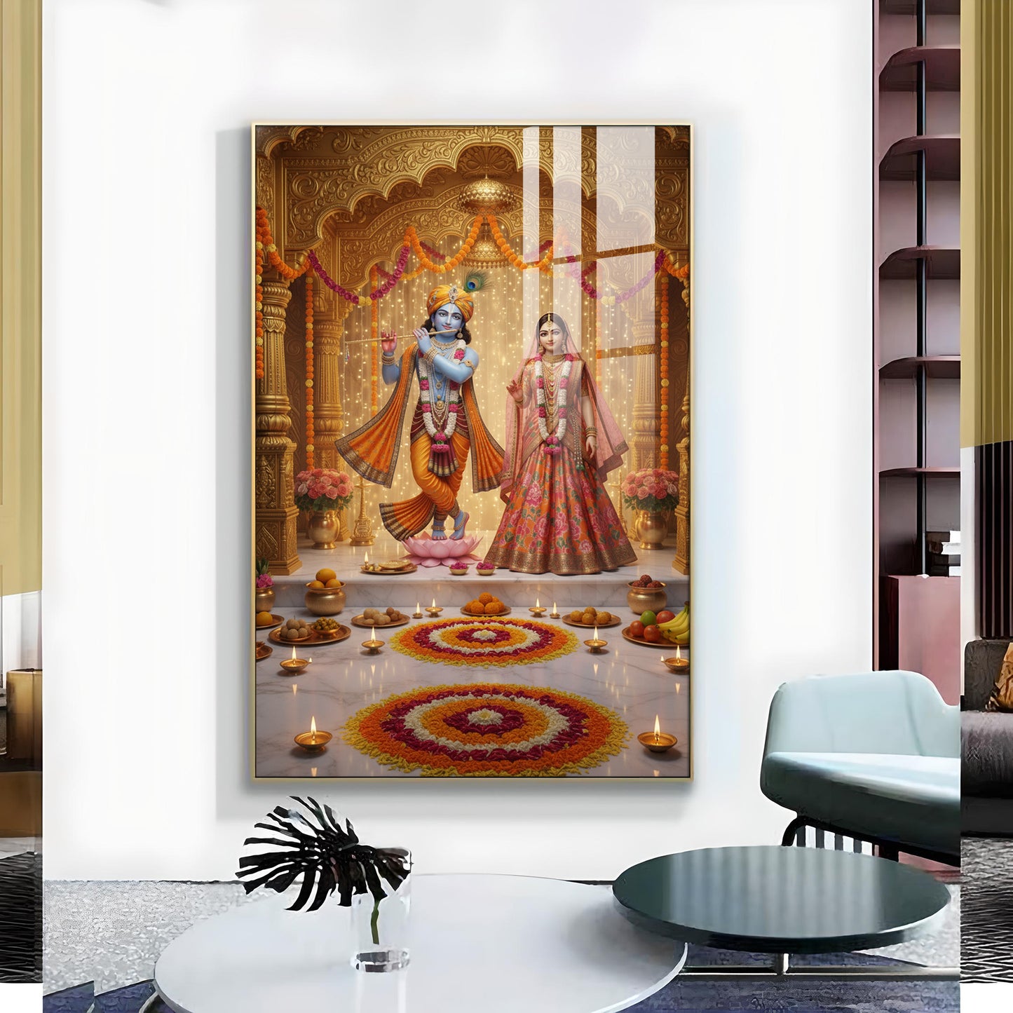 Spiritual Serenity Radha Love Krishna Glass Finish Vertical Wall Art