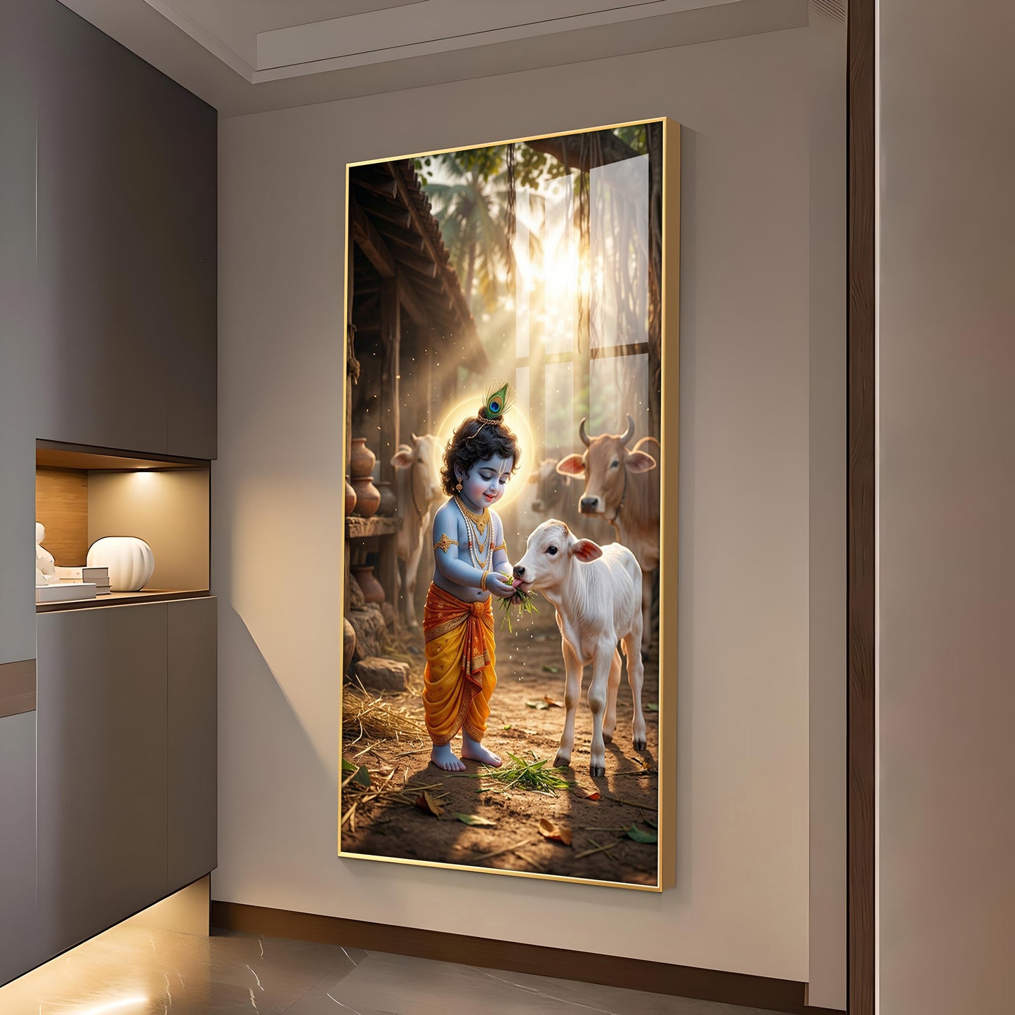 LIttle Krishna With Calf Glass Finish Vertical Wall Art