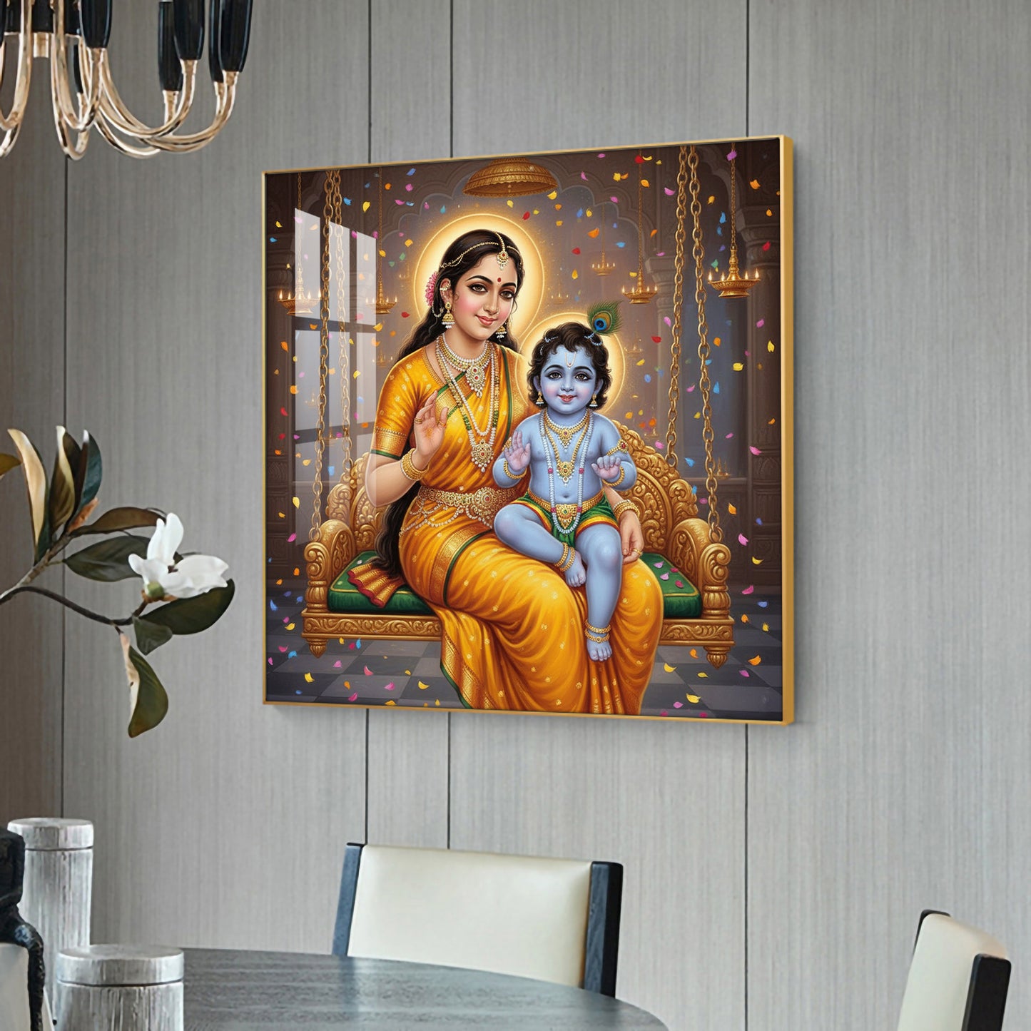 Little Kanha With Yashoda Maa Glass Finish Square Wall Art