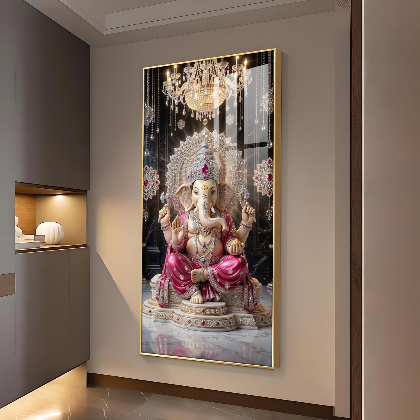 Lord Ganpati Bappa Glass Finish Vertical Wall Art