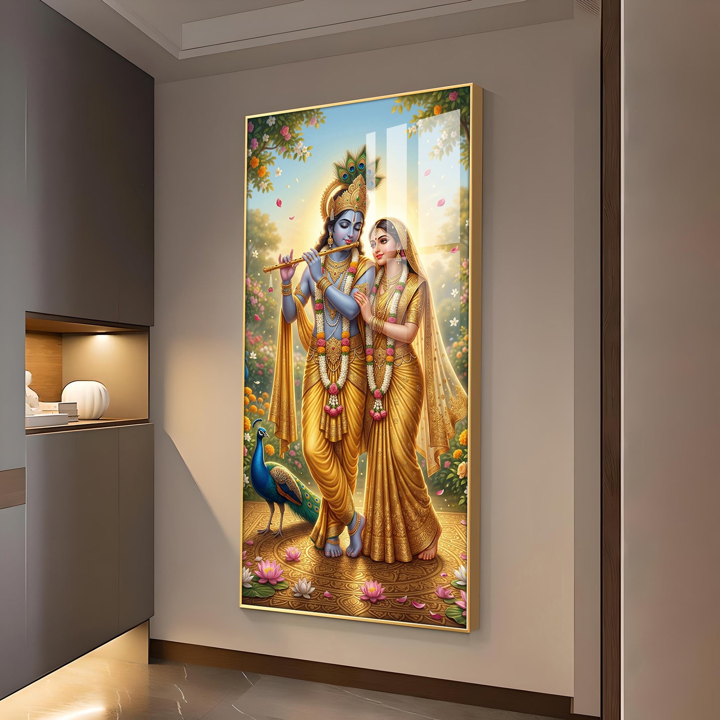 Radha Krishna Divine Love Glass Finish Vertical Wall Art