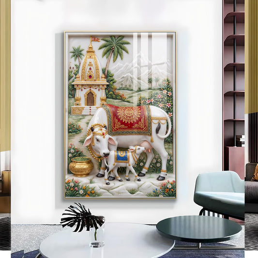 Kamdhenu Cow and Calf Glass Finish Vertical Wall Art