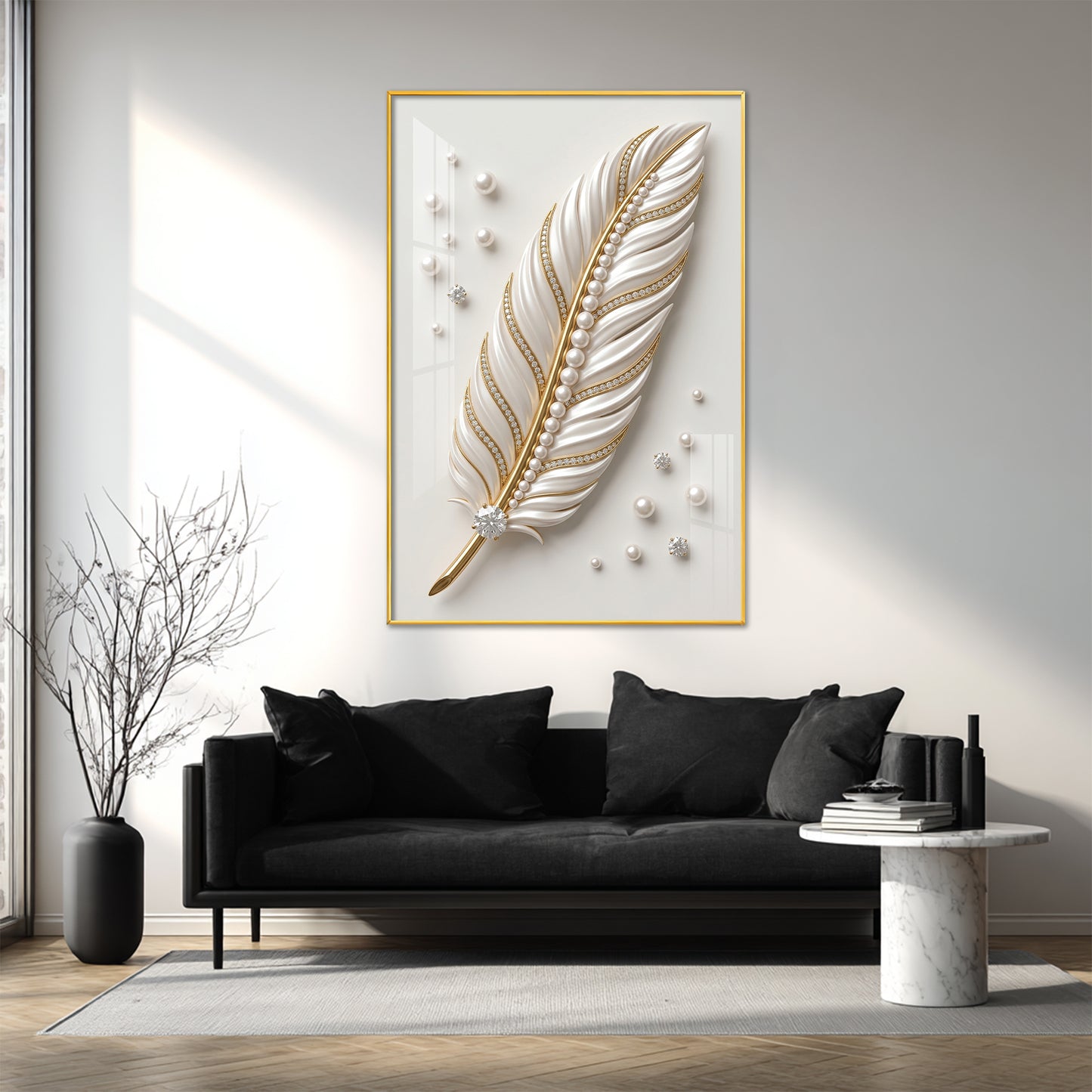 White & Gold Finish Feather Glass Finish Vertical Wall Art