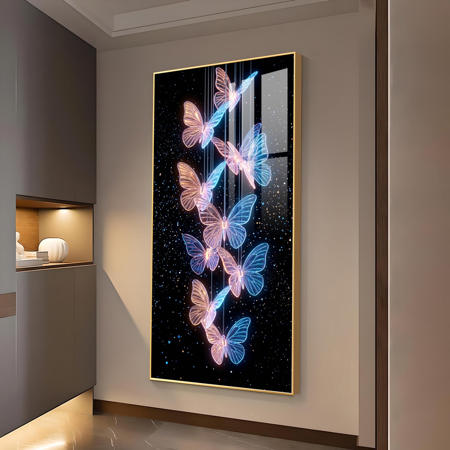 Blue & Pink Glowing Butterflies Glass Finish Vertical Wall Art