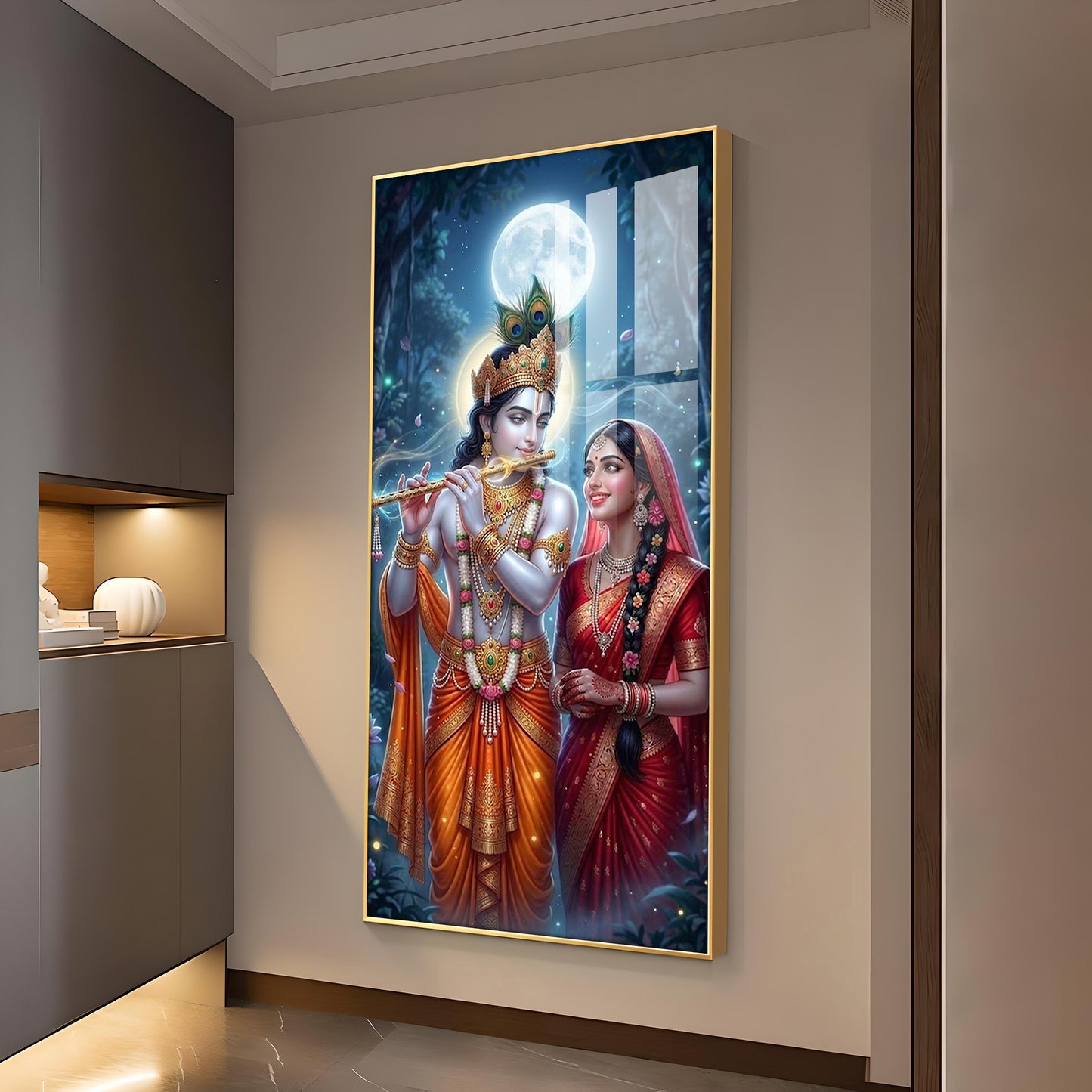 Divine Shree Radha Krishna Ji Glass Finish Vertical Wall Art
