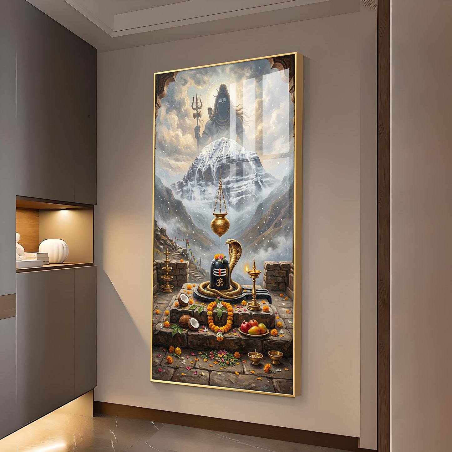 Lord Shiva Shivlingam Glass Finish Vertical Wall Art