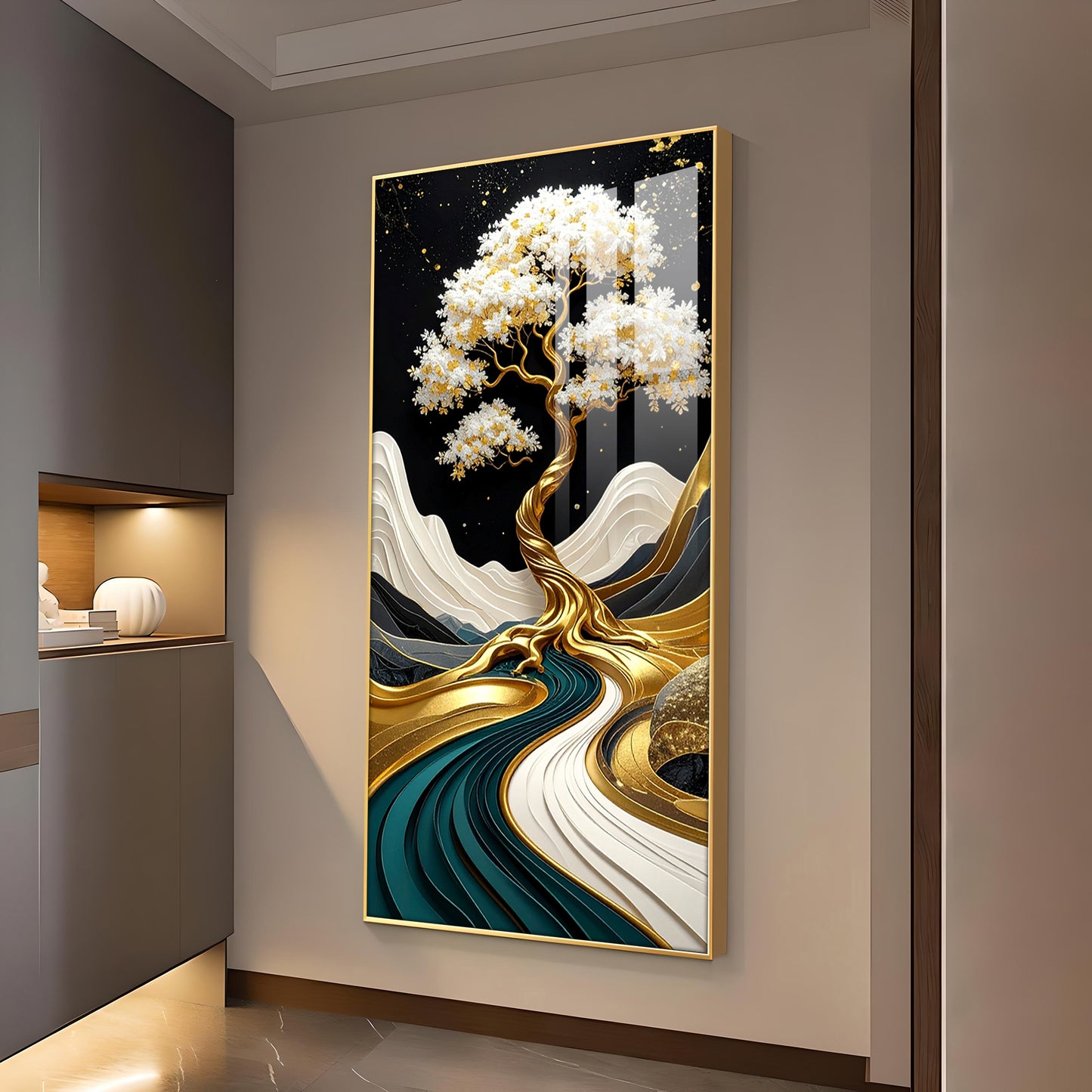 Golden Serenity Tree Glass Finish Vertical Wall Art