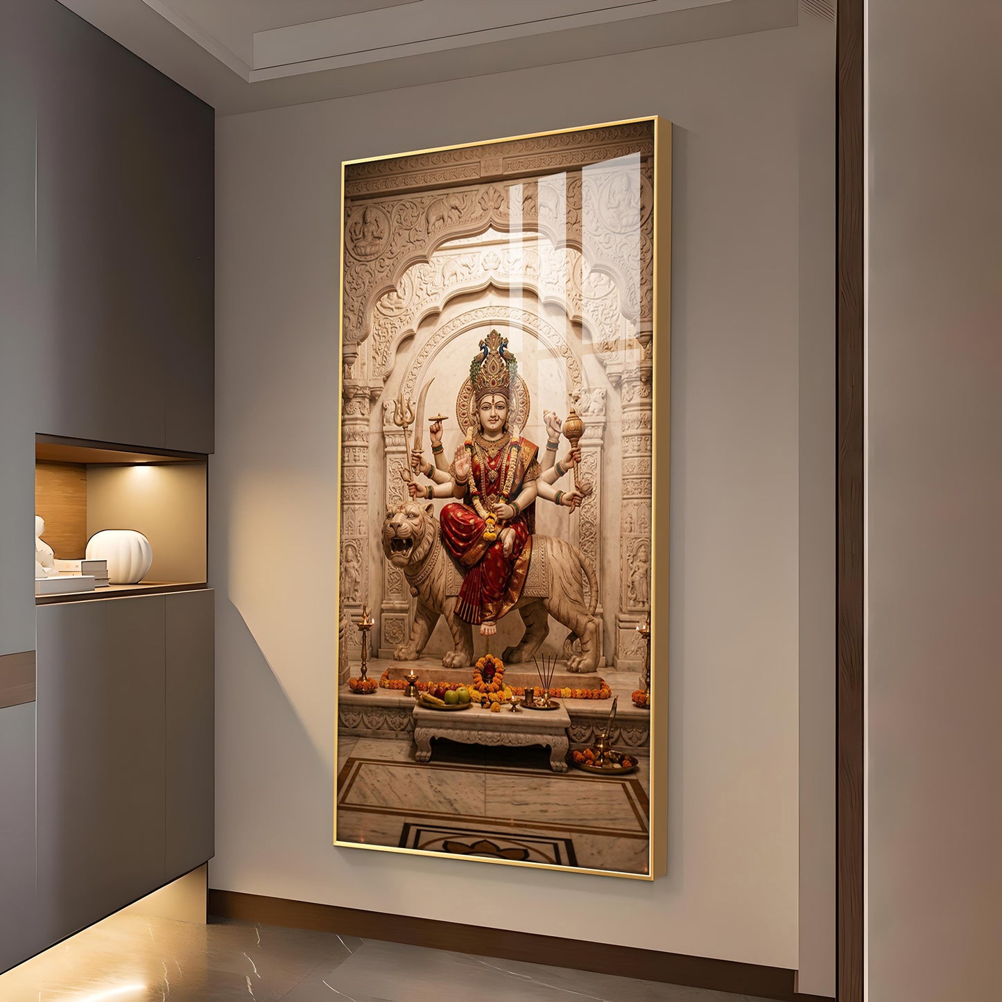 Hindu Goddess Durga Maa Glass Finish Vertical Wall Art