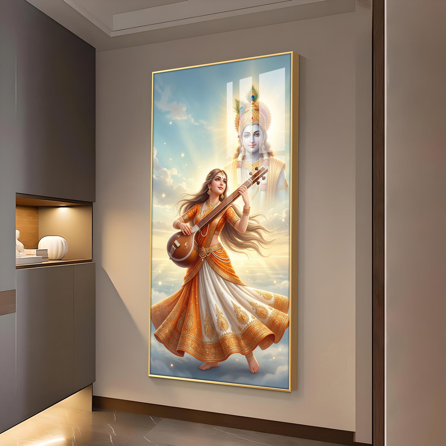 Divine Meera Bai with krishna Glass Finish Vertical Wall Art