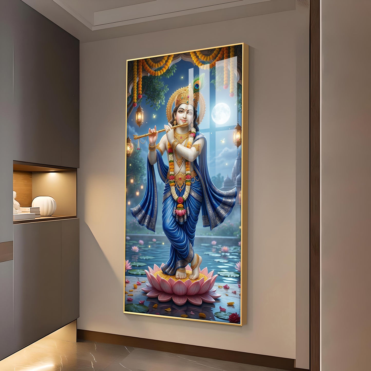 Lord Krishna With Flute Glass Finish Vertical Wall Art