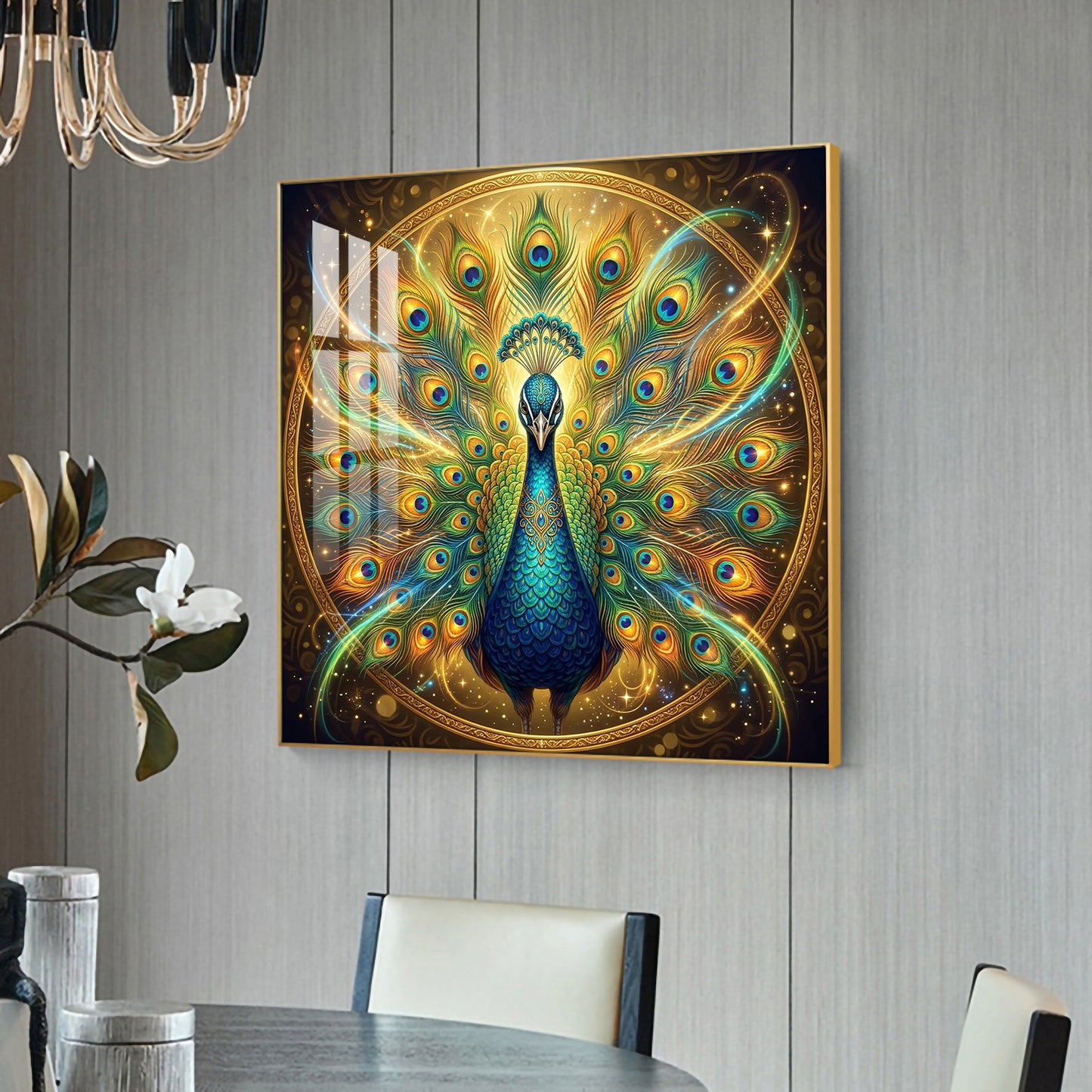 Style Peacock Glass Finish Square Wall Art