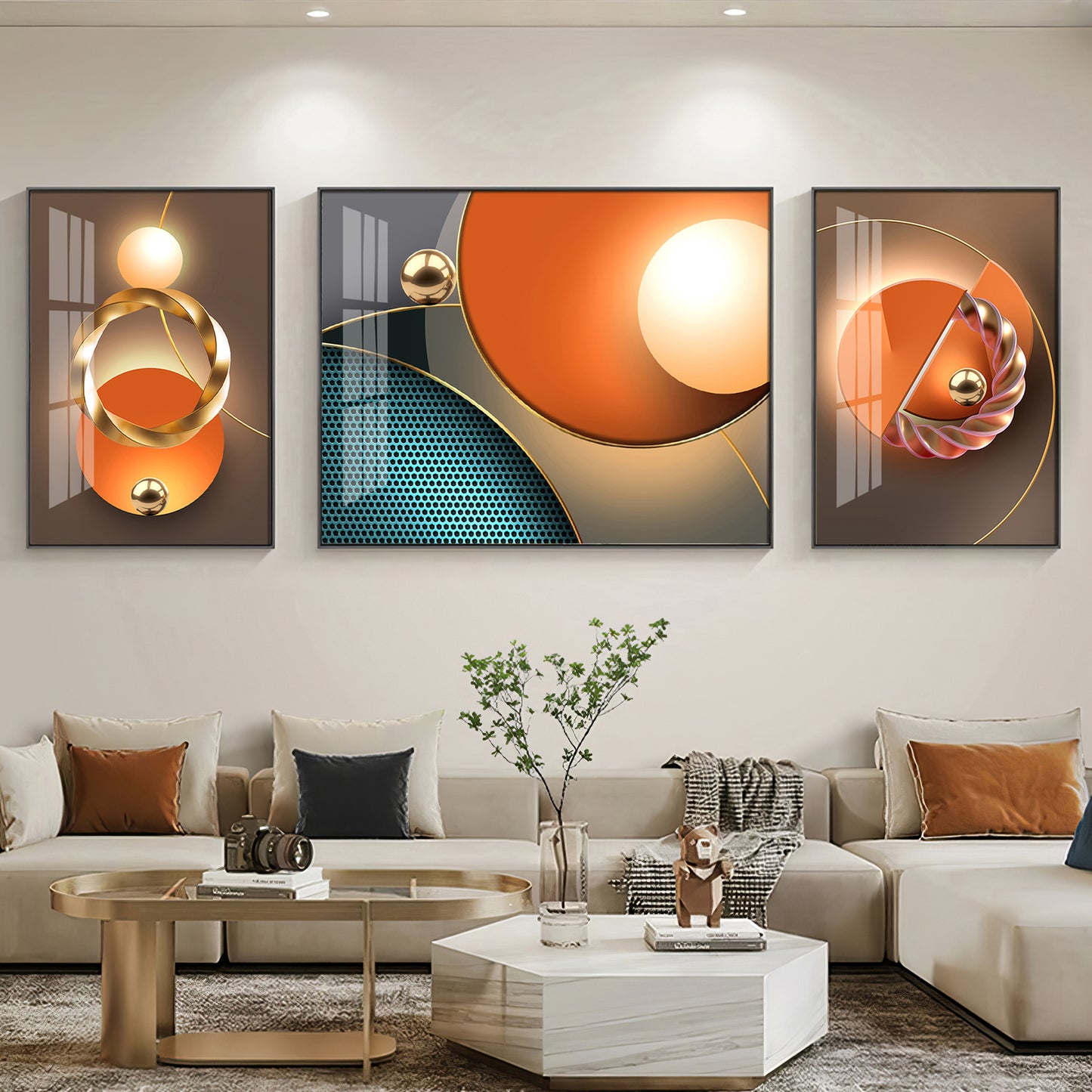Goldern Circle Abstract Glass Finish Wall Art (Set Of 3)