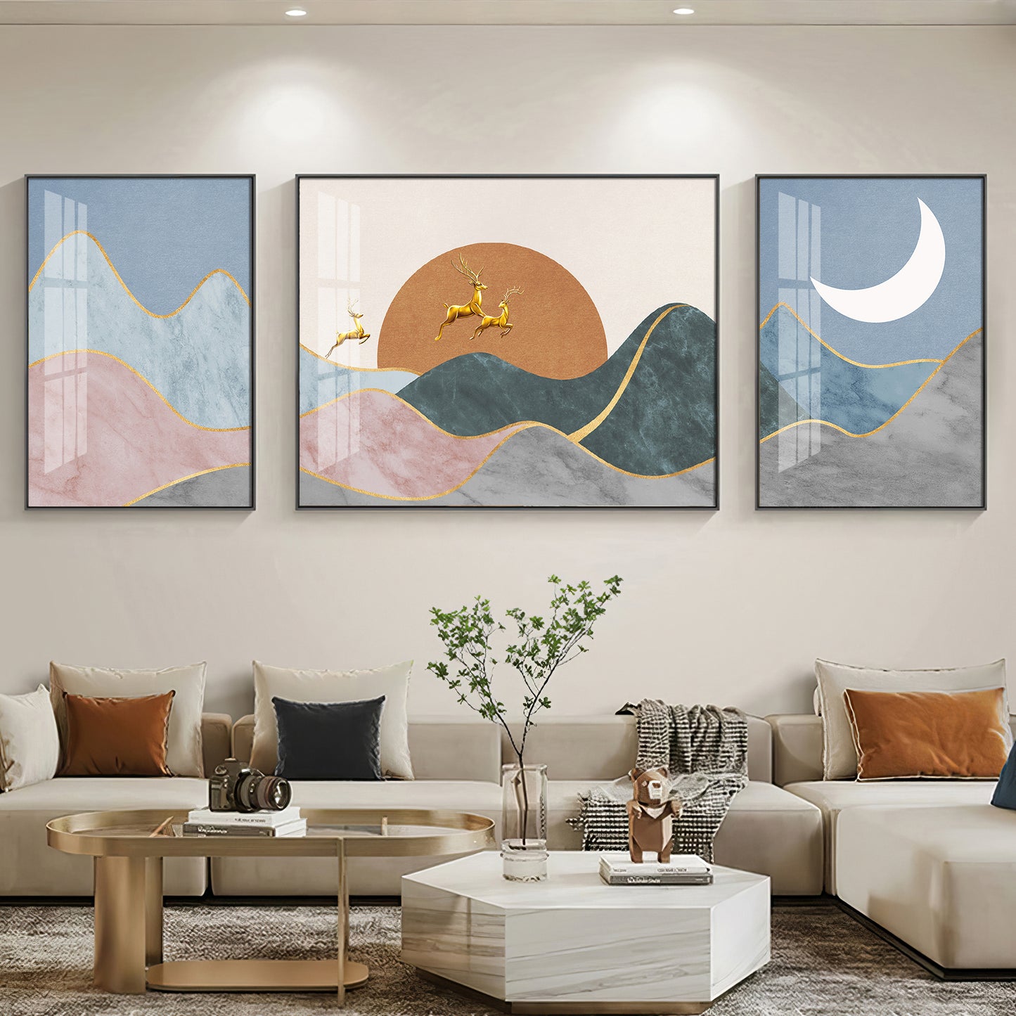 Deer In Mountain Glass Finish Wall Art (Set Of 3)