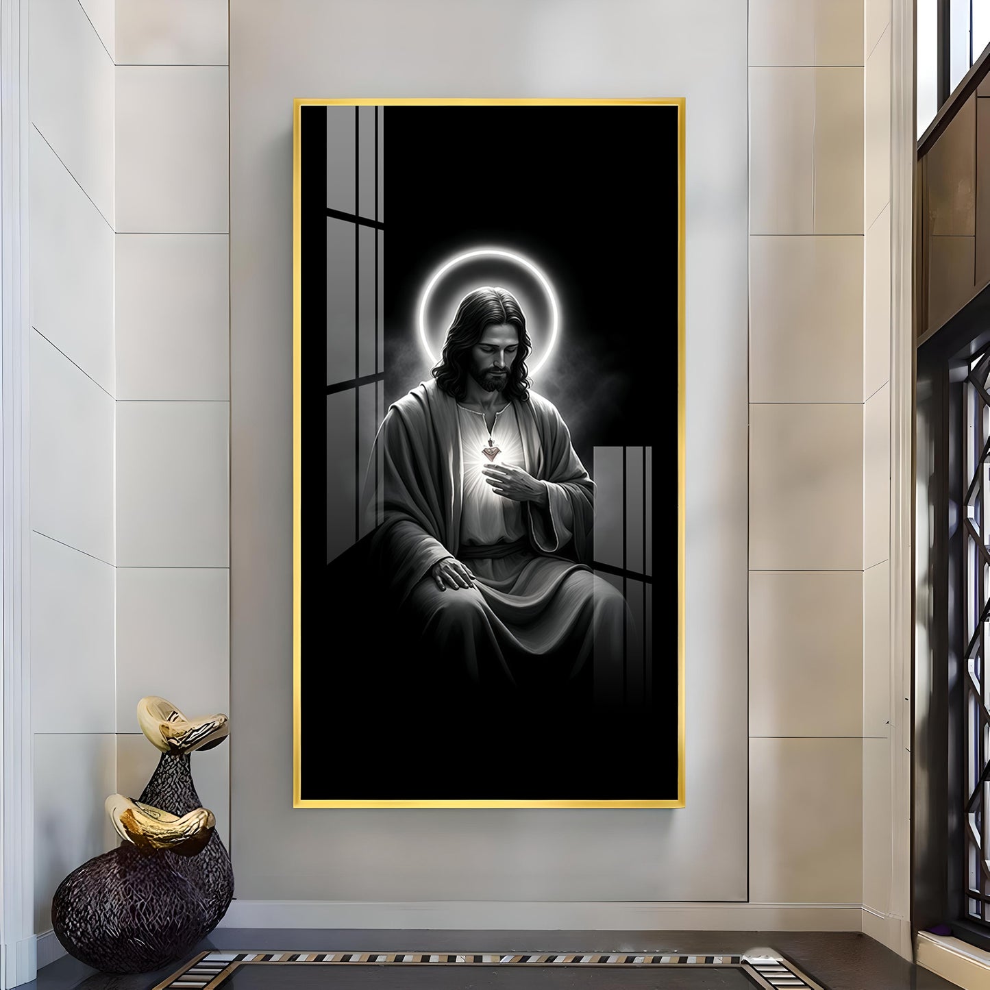Jesus Black and White Glass Finish vertical Wall Art