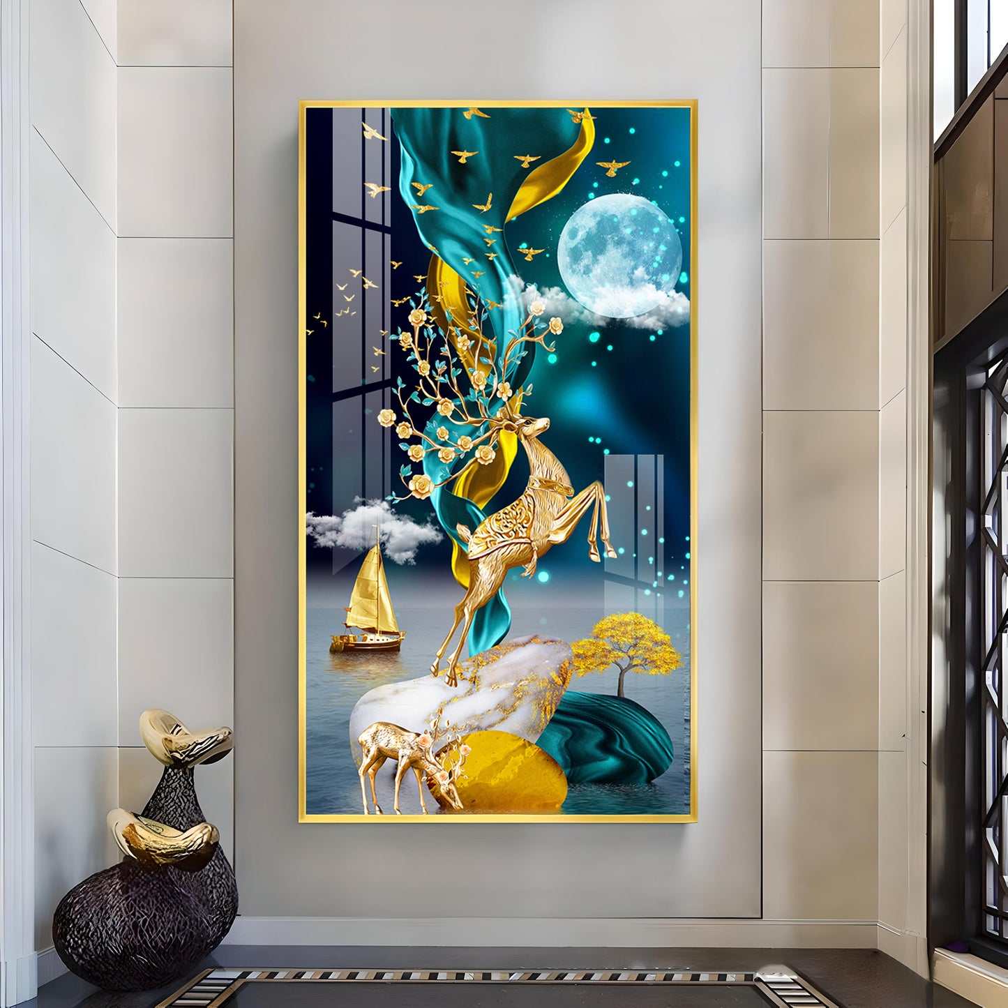 Moonnlit Dancing Deer Glass Finish Vertical Wall Art