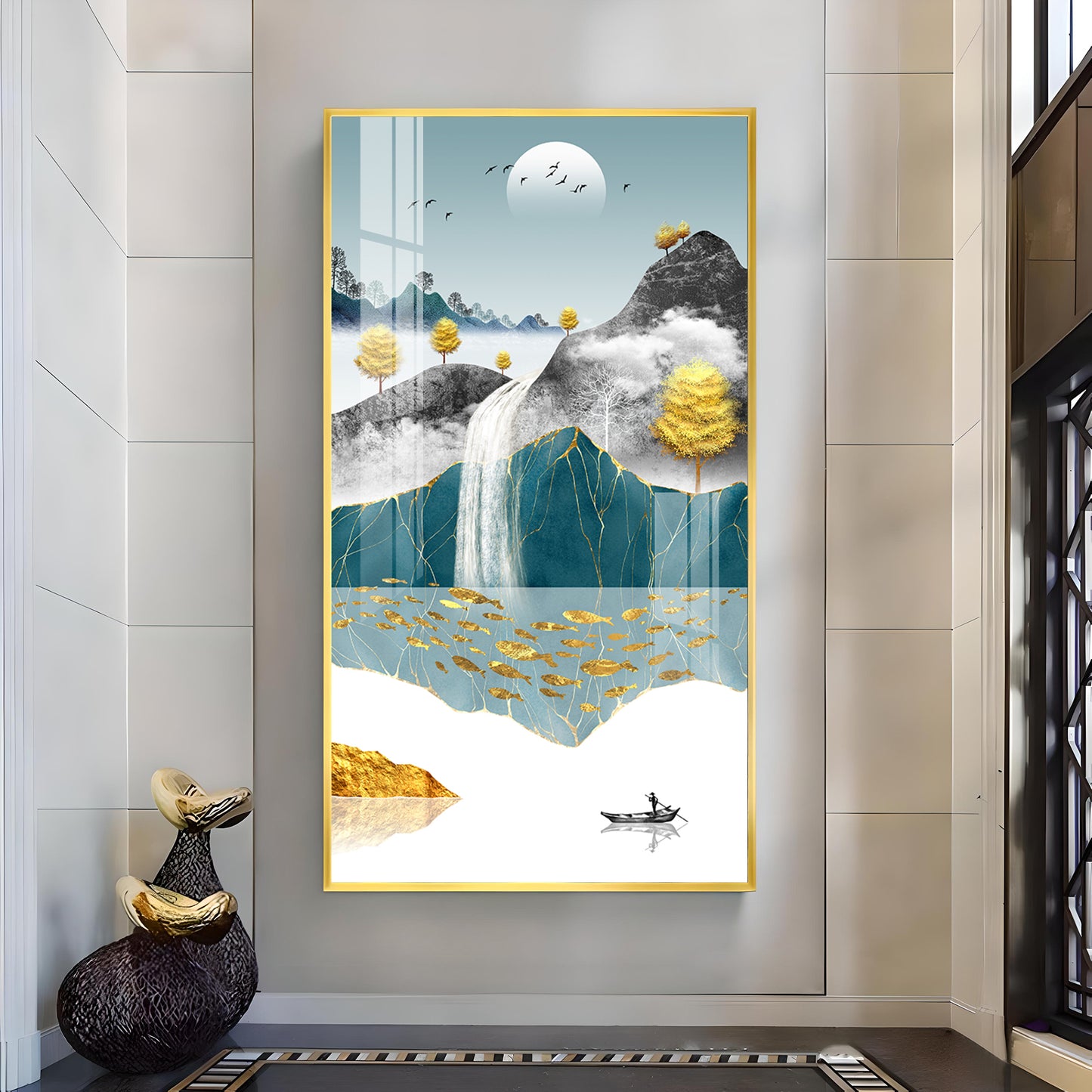 Painting of a Waterfall and Boat Glass Finish Vertical Wall Art