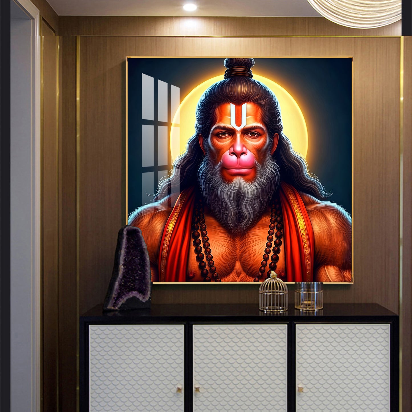 Lord Hanuman Glass Finish Square Wall Art
