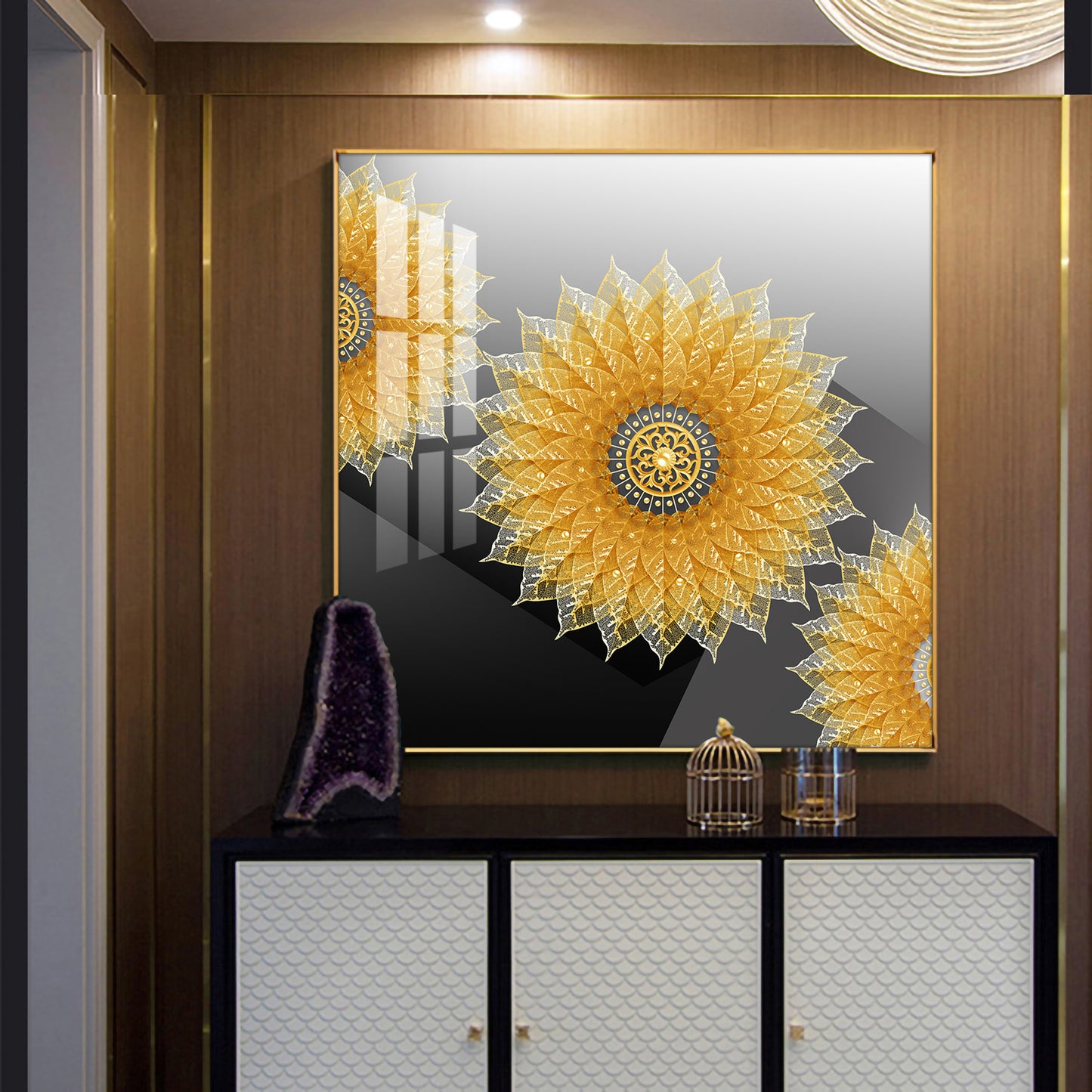 Golden Bloom Glass Finish Square Wall Art