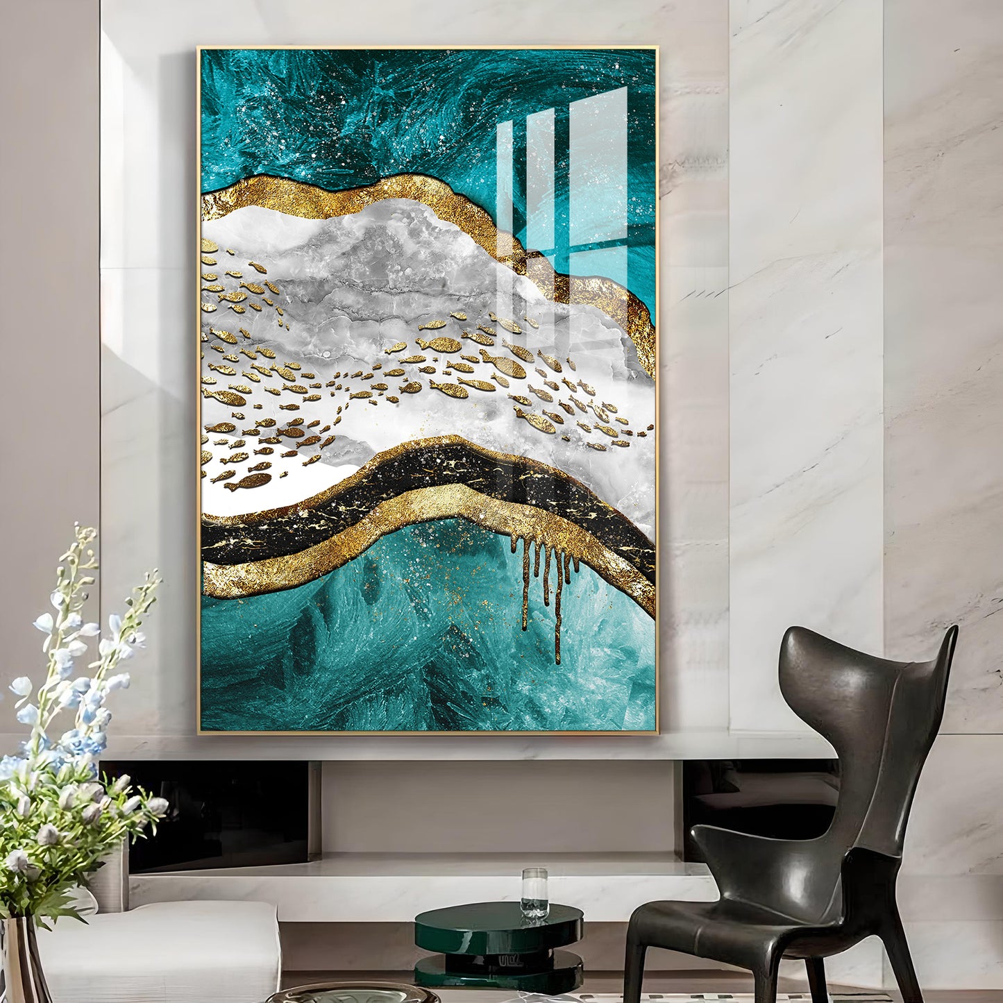 Aqua Gold Cascade Glass Finish Vertical Wall Art