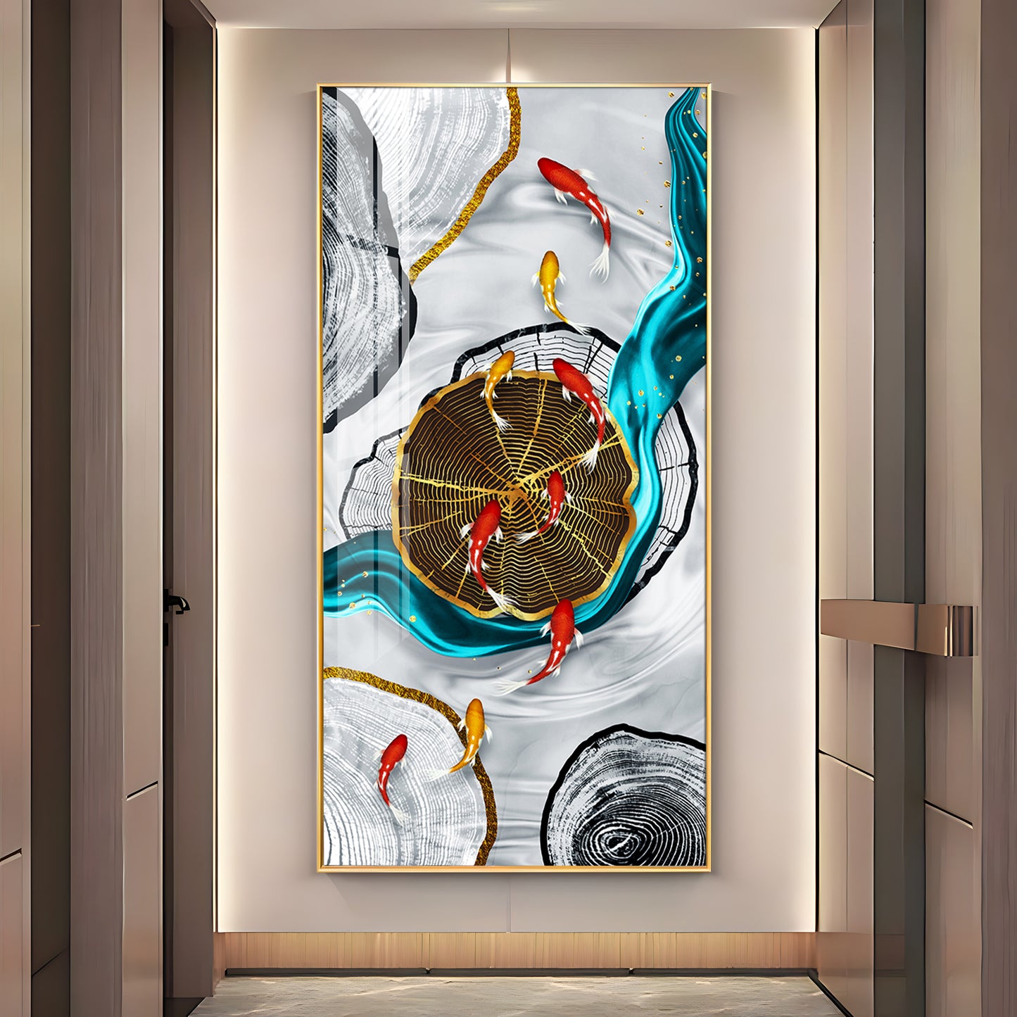 Tranquil Fish Pond Glass Finish Vertical Wall Art